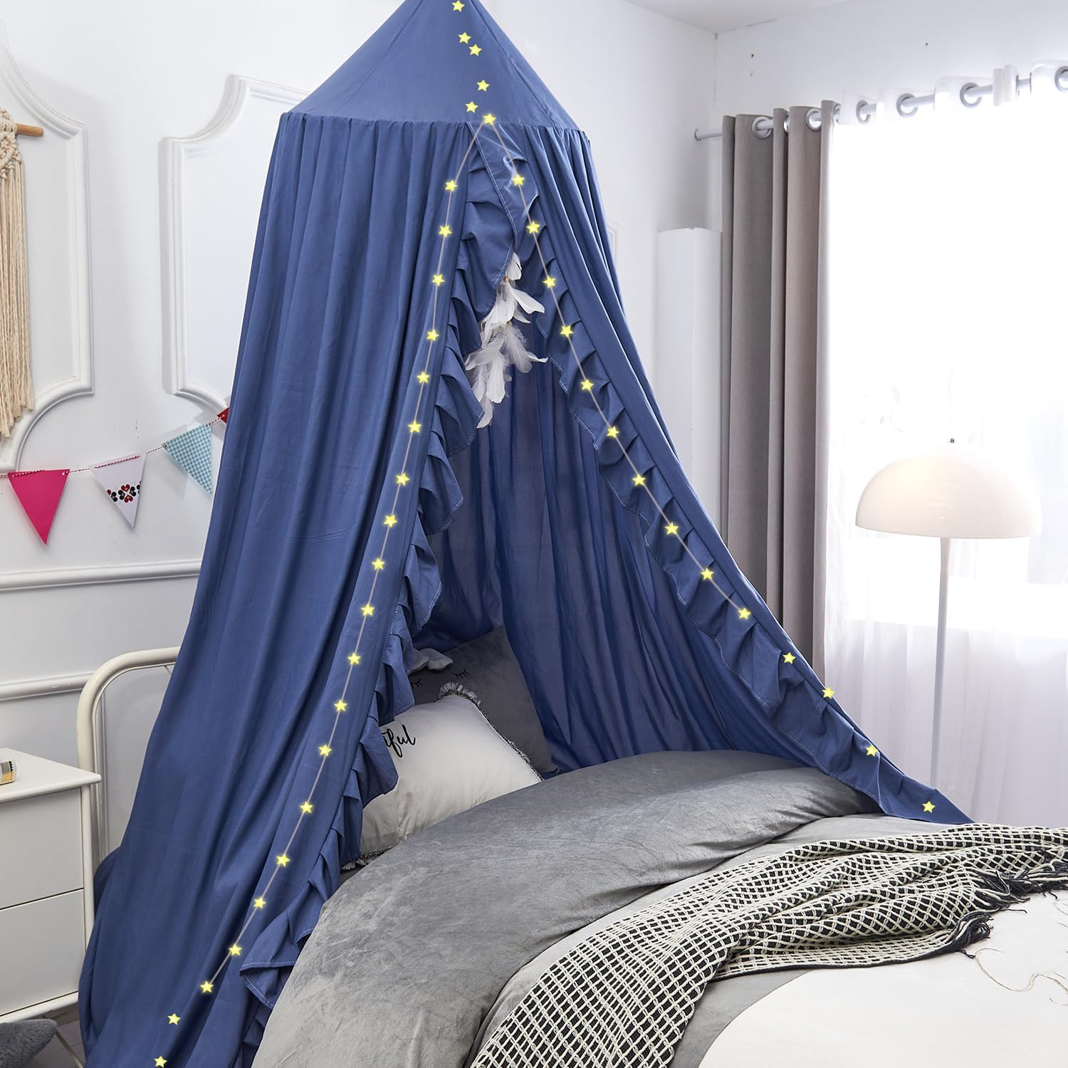Bed Canopy for Girls Kids, Ruffled Soft Princess Canopy with String Light Mosquito Net with round Dome Hanging House Decoration Bed Canopies for Nursery Room Baby Crib Child (Royal Blue) image number 1