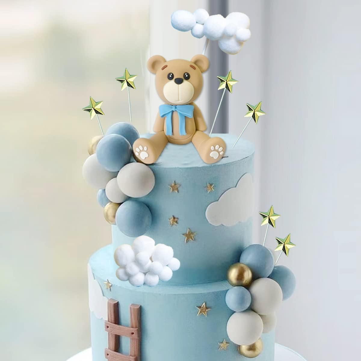 33 PCS Bear Cake Toppers Bear Balls Cake Decorations with Stars Clouds Cake Toppers for Boy Girl Baby Shower Birthday Party Decorations (Blue Ball Bear)