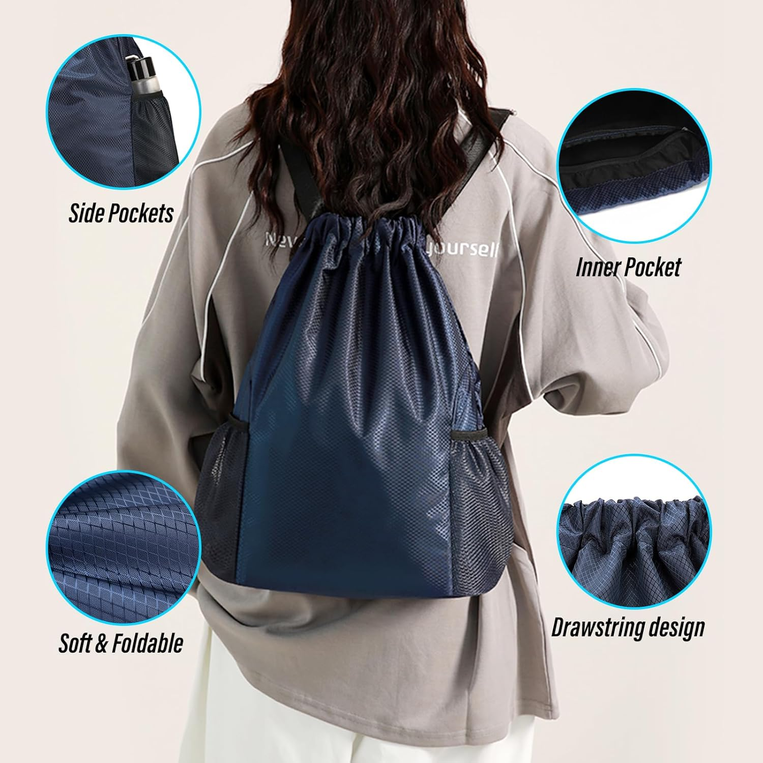 Drawstring Backpack, Water Resistant Lightweight Drawstring Bag with Inner Pocket, Side Mesh Pockets, for Women Men Sports Basketball Travel Camping - Black image number 5