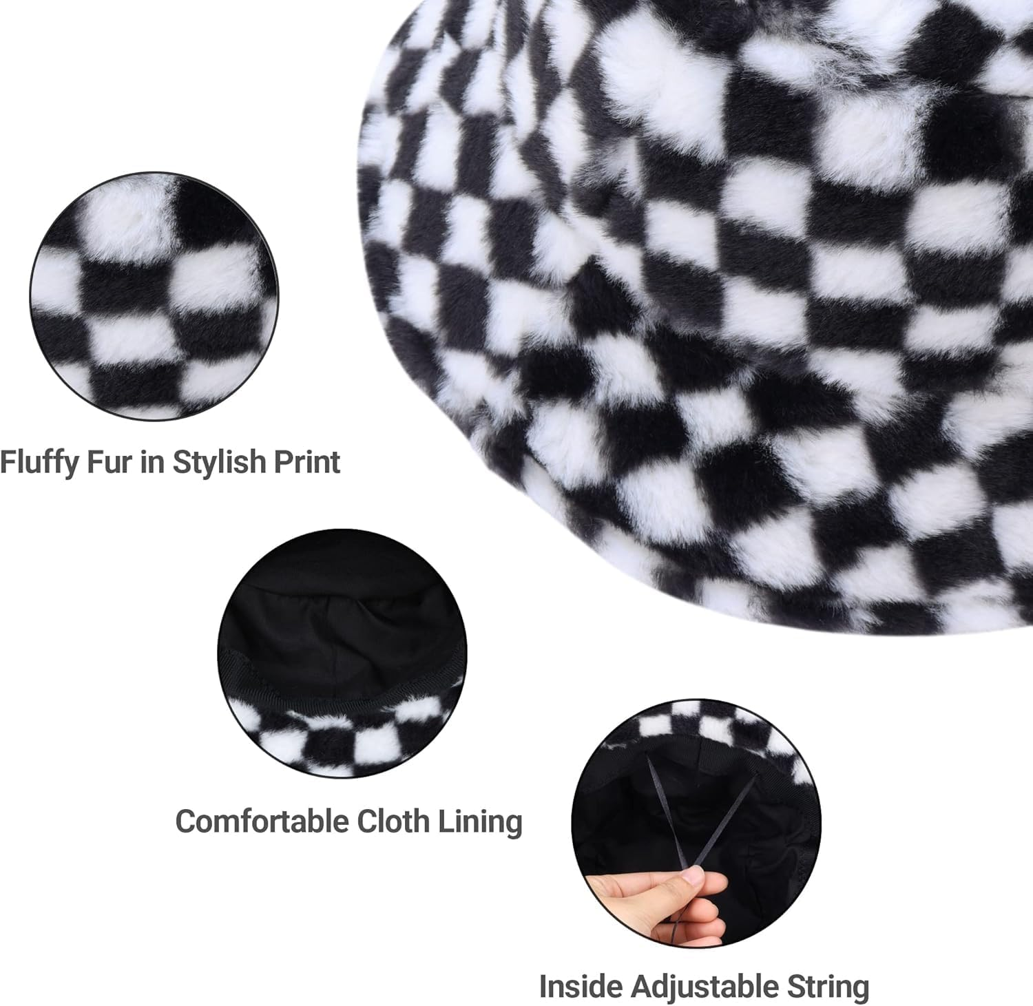 Checkered Fuzzy Bucket Hat &ndash; Winter Faux Fur Unisex Hat with Fluffy Soft Lining &ndash; Windproof Warm Bucket Hat for Men & Women &ndash; Black & White Plaid Design