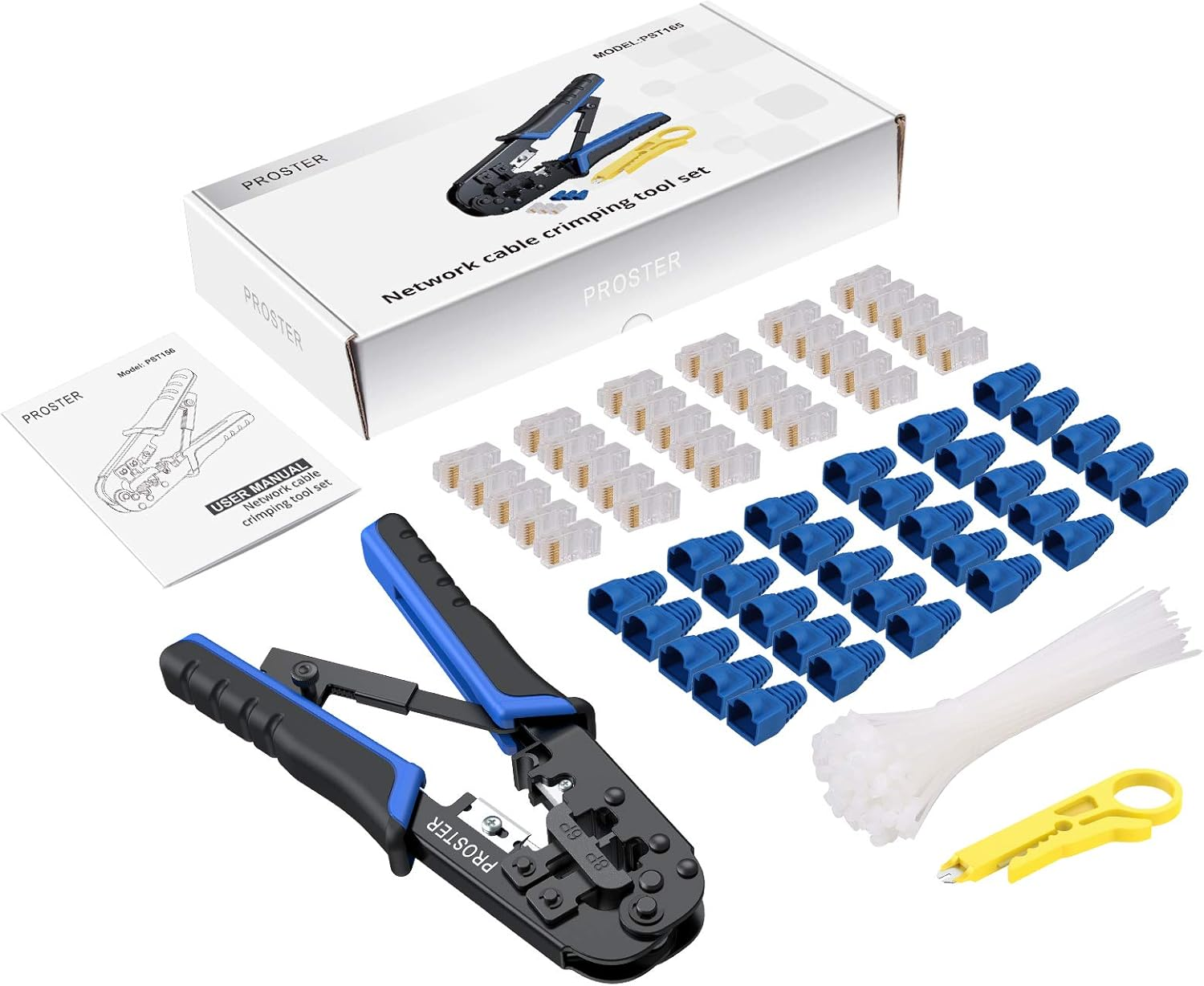 Proster RJ45 Crimping Tool Cat5 Cat5E Cat6 Crimper RJ-11, 6P/RJ-12, 8P/RJ45 Crimping, Cutting and Stripping Tool with 30 Pieces Connectors 30 Pieces Covers 100 Pieces Nylon Cable Ties and Wire image number 3