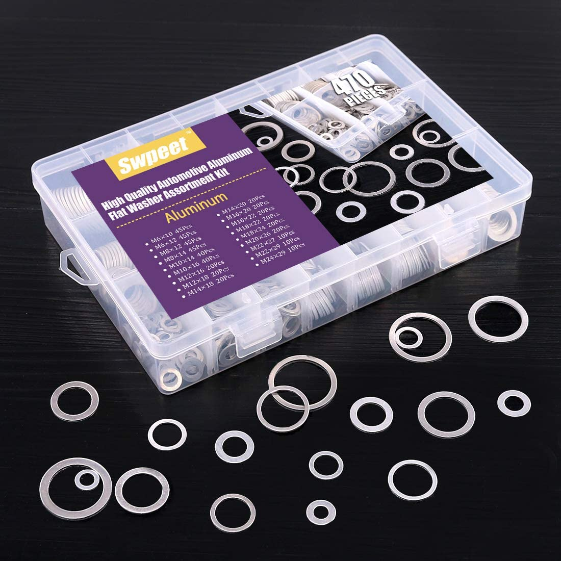 Swpeet 470Pcs Automotive Metric Oil Drain Plug Gasket Aluminum Flat Washer Assortment Kit, Including 18 Different Sizes - M6 M8 M10 M12 M14 M16 M18 M22 M24 image number 4