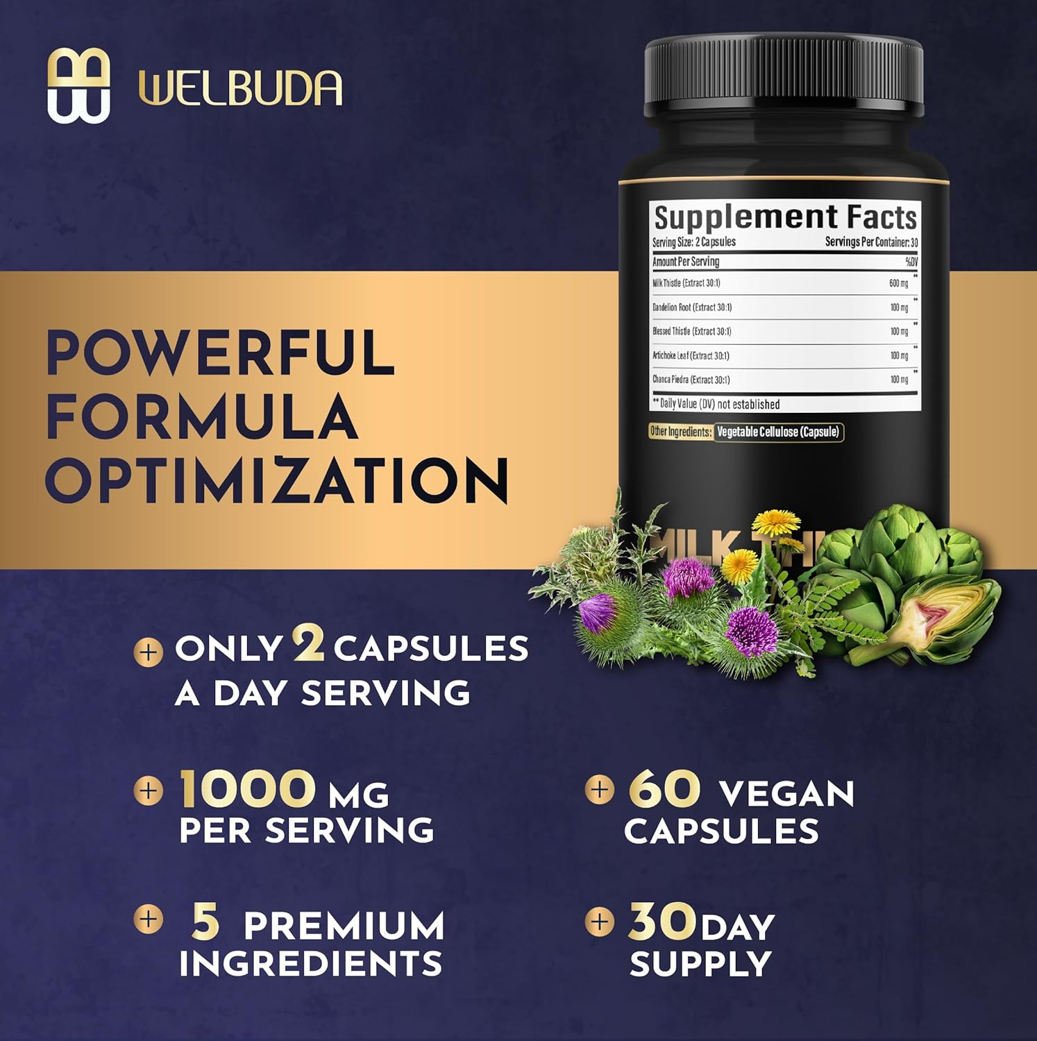 Milk Thistle Capsules - 5In1 Combined with Dandelion Root, Blessed Thistle, Artichoke, Chanca Piedra - 60 Vegan Caps image number 2