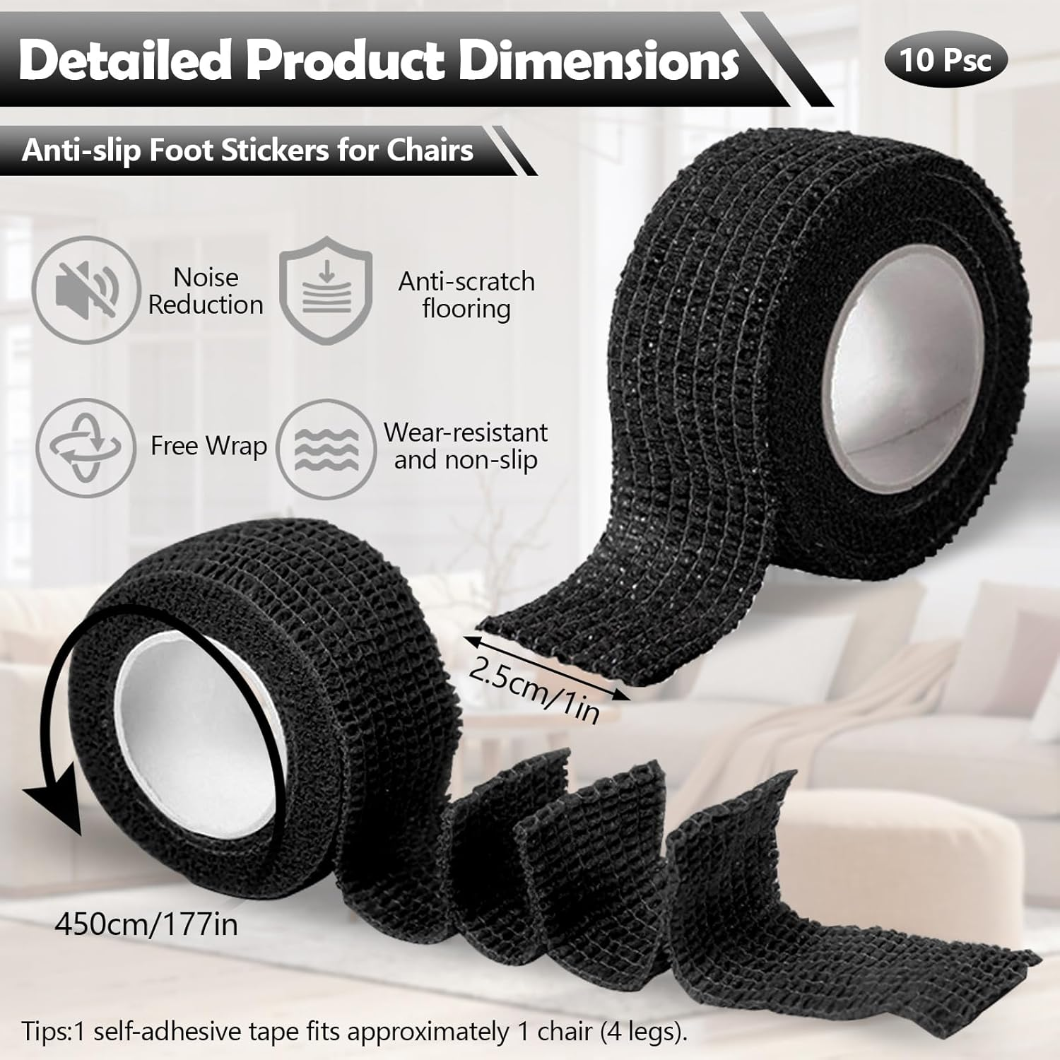 10 Pack Tapes Chair Leg Floor Protectors, Self Adhesive anti Slip Furniture Pads Tape Roll 1" X 177", Suitable for Different Furniture Legs Hardwood Floor Table Couch (Black) image number 5