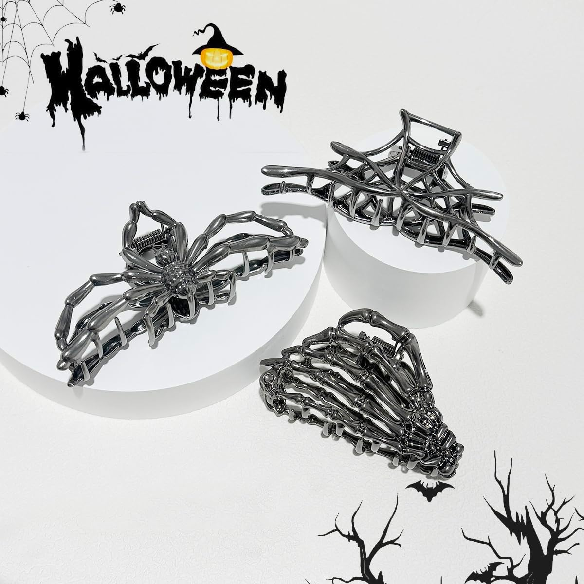 Pack of 3 Metal Hair Clips, Spider Hair Clips, Skull Claw Hair Clip, Non-Slip Claw Clip, Gothic Hair Clips, for Women, Girls, Halloween Hair Styling Accessories (B) image number 4