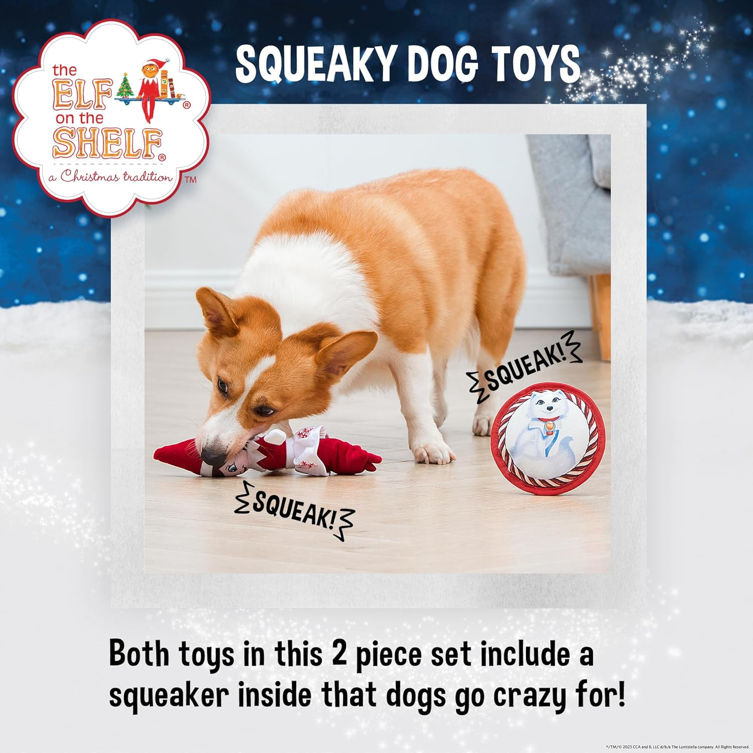 The Elf on the Shelf 2Pc Dog Toy Set with Elastic Scout Elf + Elf Pets Arctic Fox Plush Flattie Disk, Squeaky Dog Toys | Bungee Dog Toys for Tug | Stocking Stuffers for Dogs