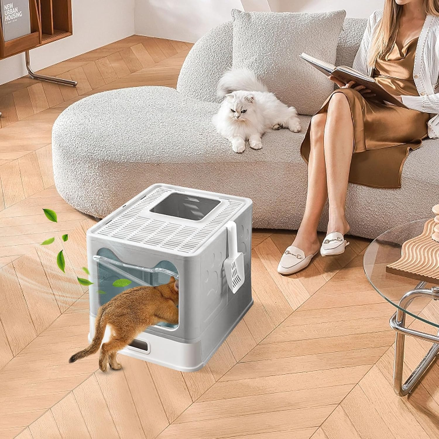 Amibud Stainless Steel Enclosed Cat Litter Box with Lid, Foldable Metal Enclosed XL Top Entry Kitty Litter Pan Tray with Scoop,Easy to Clean(Gray) image number 4