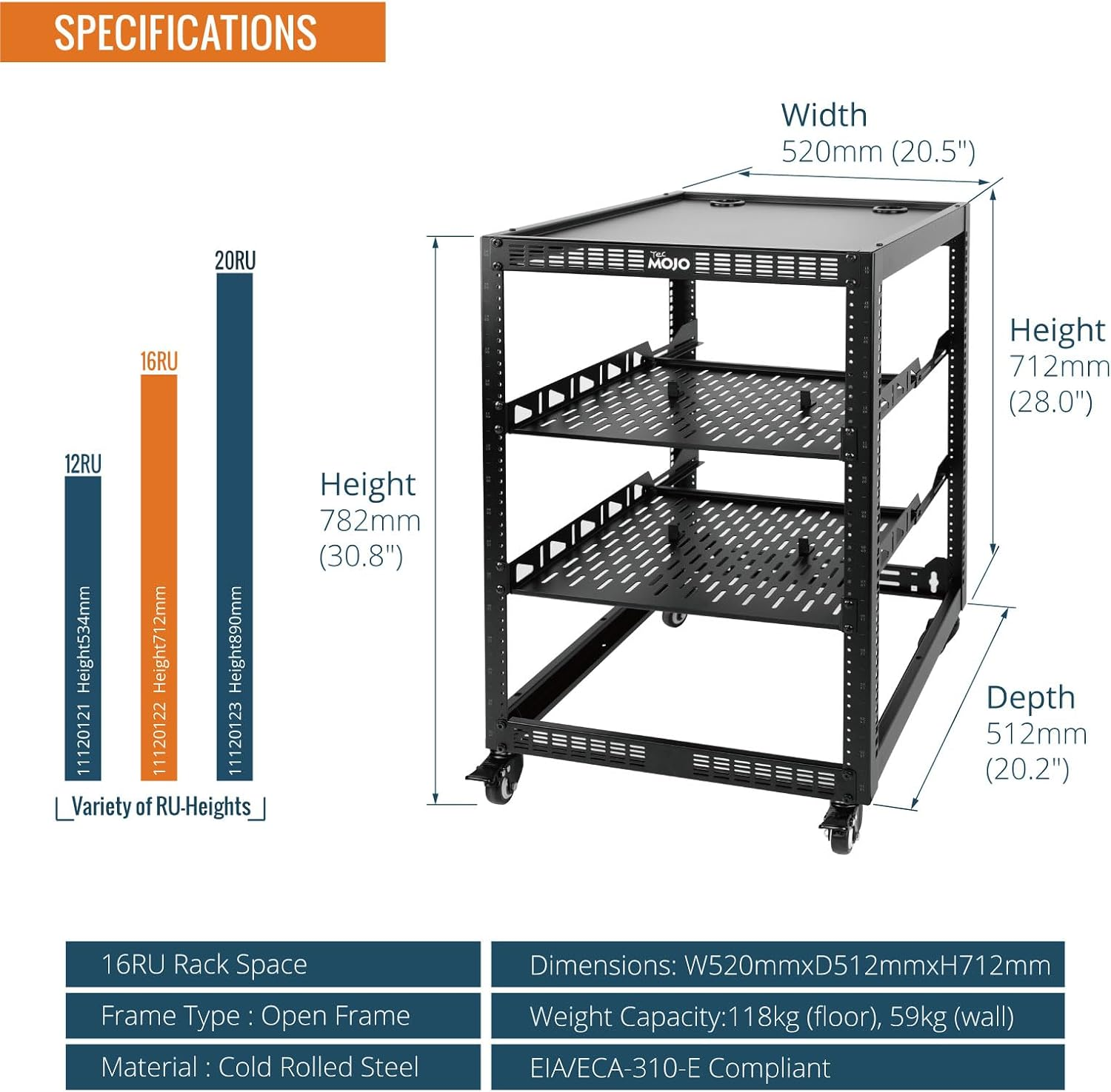 16U Open Frame Network Rack for IT &AV Gear, 16RU AV Rack 4-Post with Mobile Casters and 2 PCS Vented 19'' Front Mounting Rack Shelf with Rear Supporting Ears and Anti-Slip Stops & Mounting Hardware image number 6