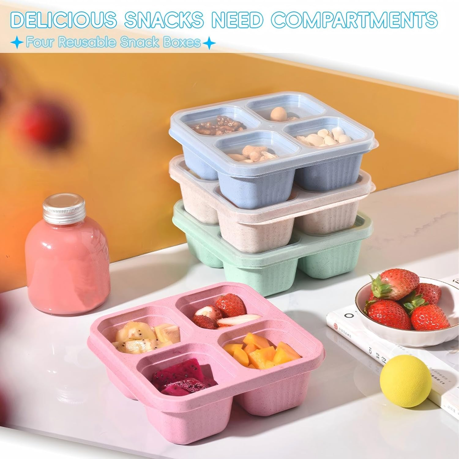 4 Pack Reusable Bento Snack Box, 4 Compartments Meal Prep Lunch Containers for Kids Adults, Containers with Transparent Lids for School, Work and Travel image number 4