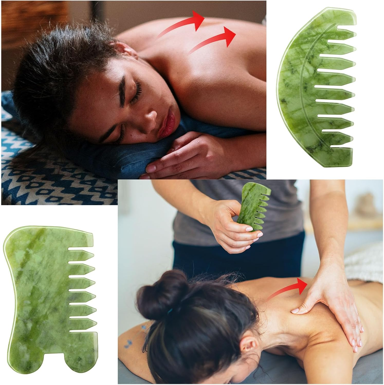 BBTO 2 Pcs Jade Comb for Scalp Massage Gua Sha Comb for Head Body Spa Hair Multifunctional Handheld Massage Tools(Round, Classic Style) image number 5