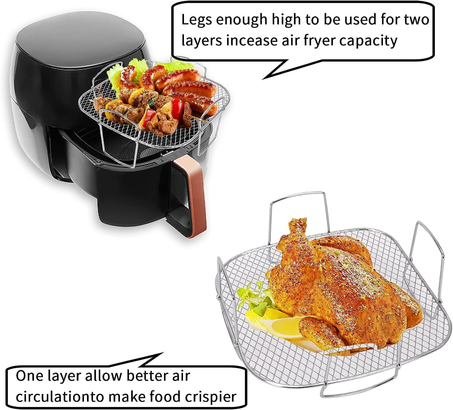 Air Fryer Rack, 304 Stainless Steel Dehydrator Rack, Square Air Fryer Basket Multi-Purpose Grill Shelf for 7.5L-8L Fryer and Oven (Single Layer) image number 6