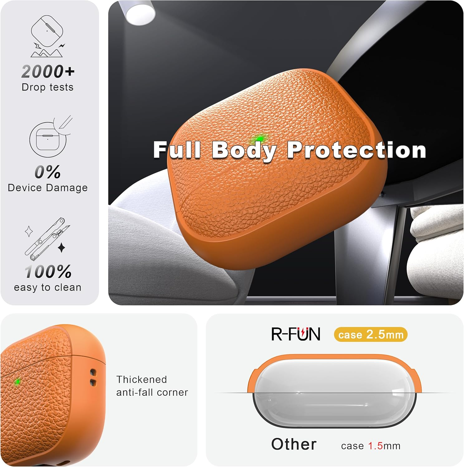 R-Fun for Airpods 4 Generation Case,Soft Leather Drop Protection Cover for Men and Women with Lanyard and Cleaner Kit, Compatible with Apple Latest Airpods 4Th Gen(Usb-C)(2024)-Orange - Black image number 5