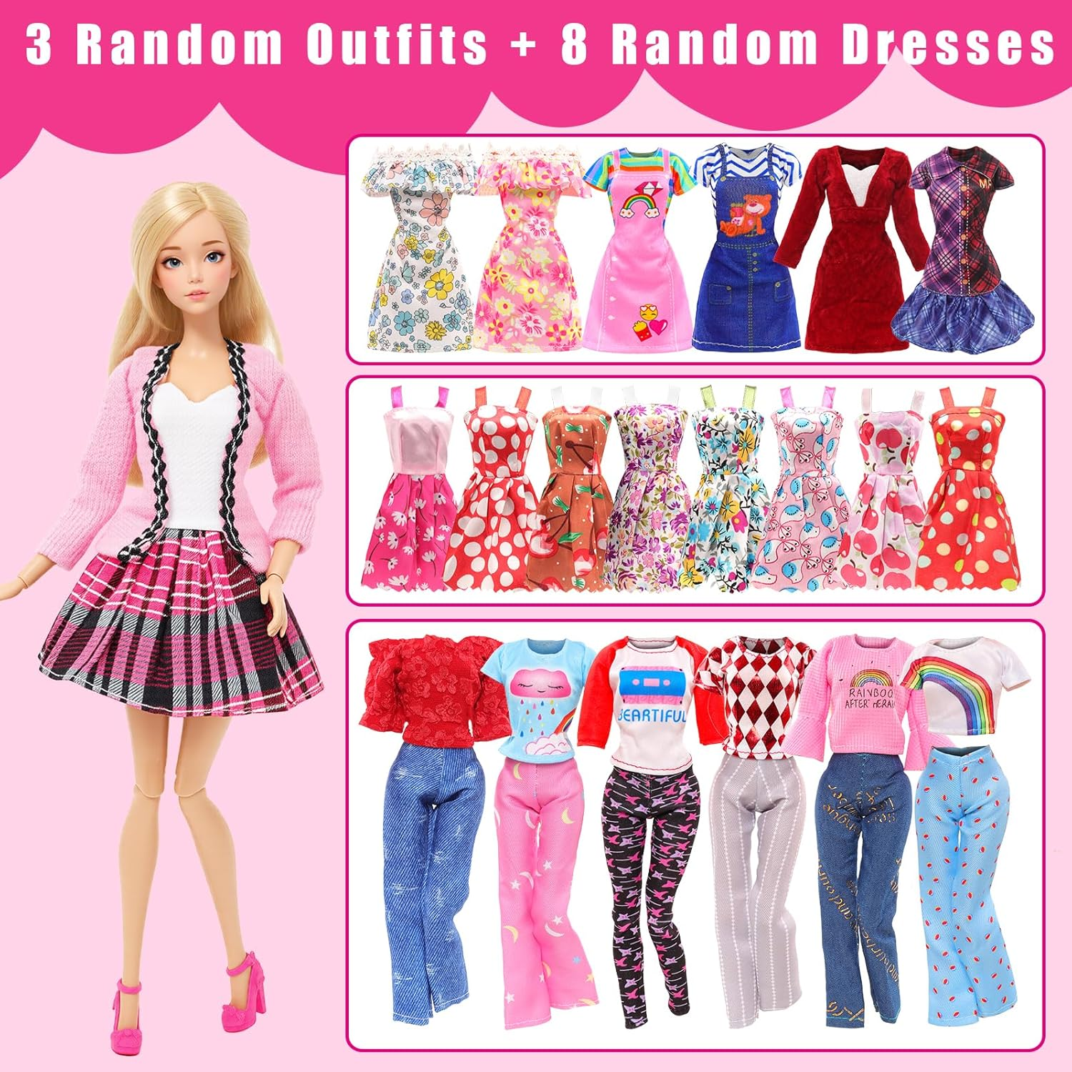 BARWA 25 Pack Doll Clothes and Accessories Handmade Including 1 Winter Coat 2 Sweater 1 Trousers Sets 3 Fashion Dresses 3 Outfits Tops and Pants 5 Mini Party Skirt and 10 Shoes for 11.5 Inch Dolls