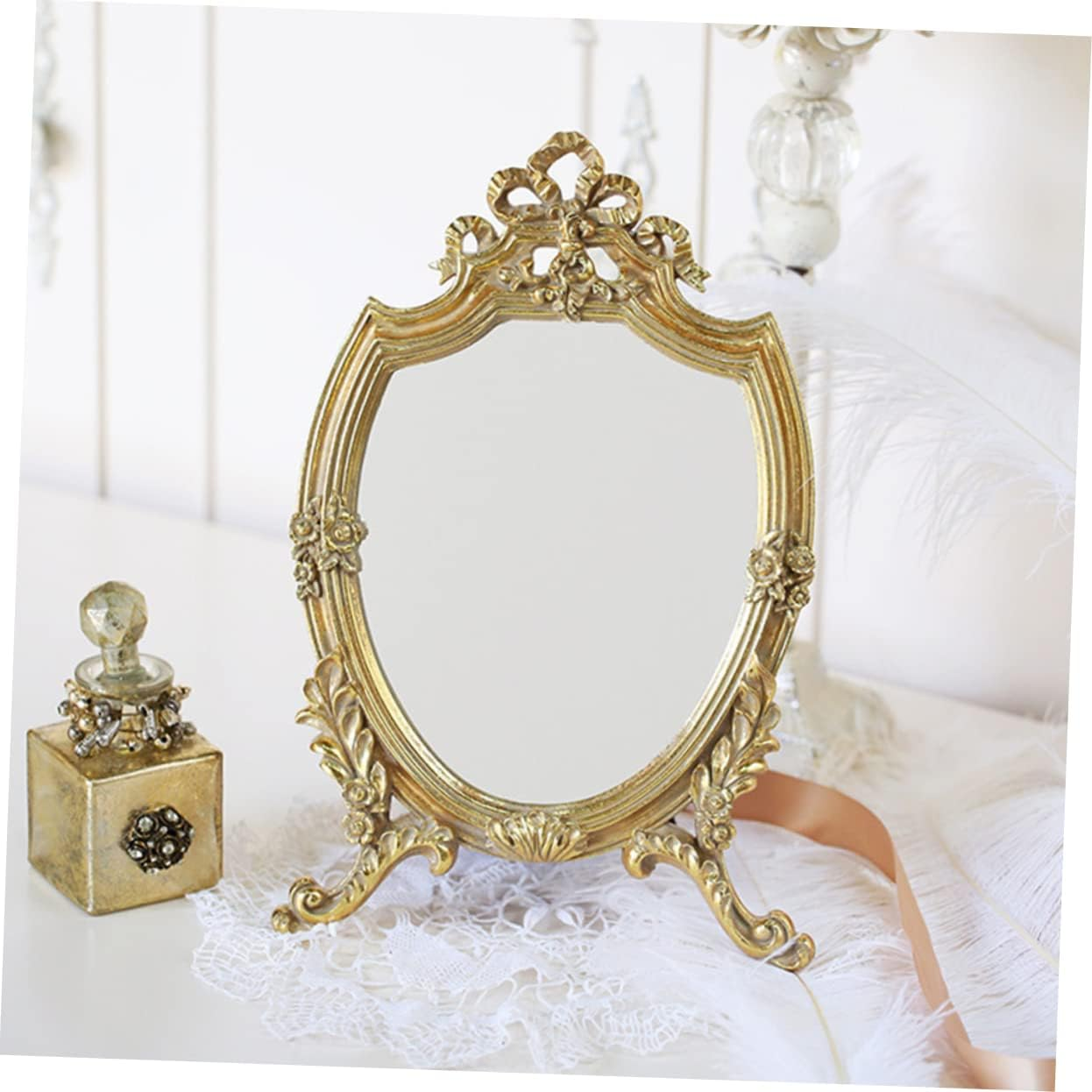 COMPUKAS Vintage Gold Makeup Mirror Wall Mounted or Free Standing Decorative Bathroom Mirror for Beauty Unique Design for Dressing Table and Bedroom image number 5