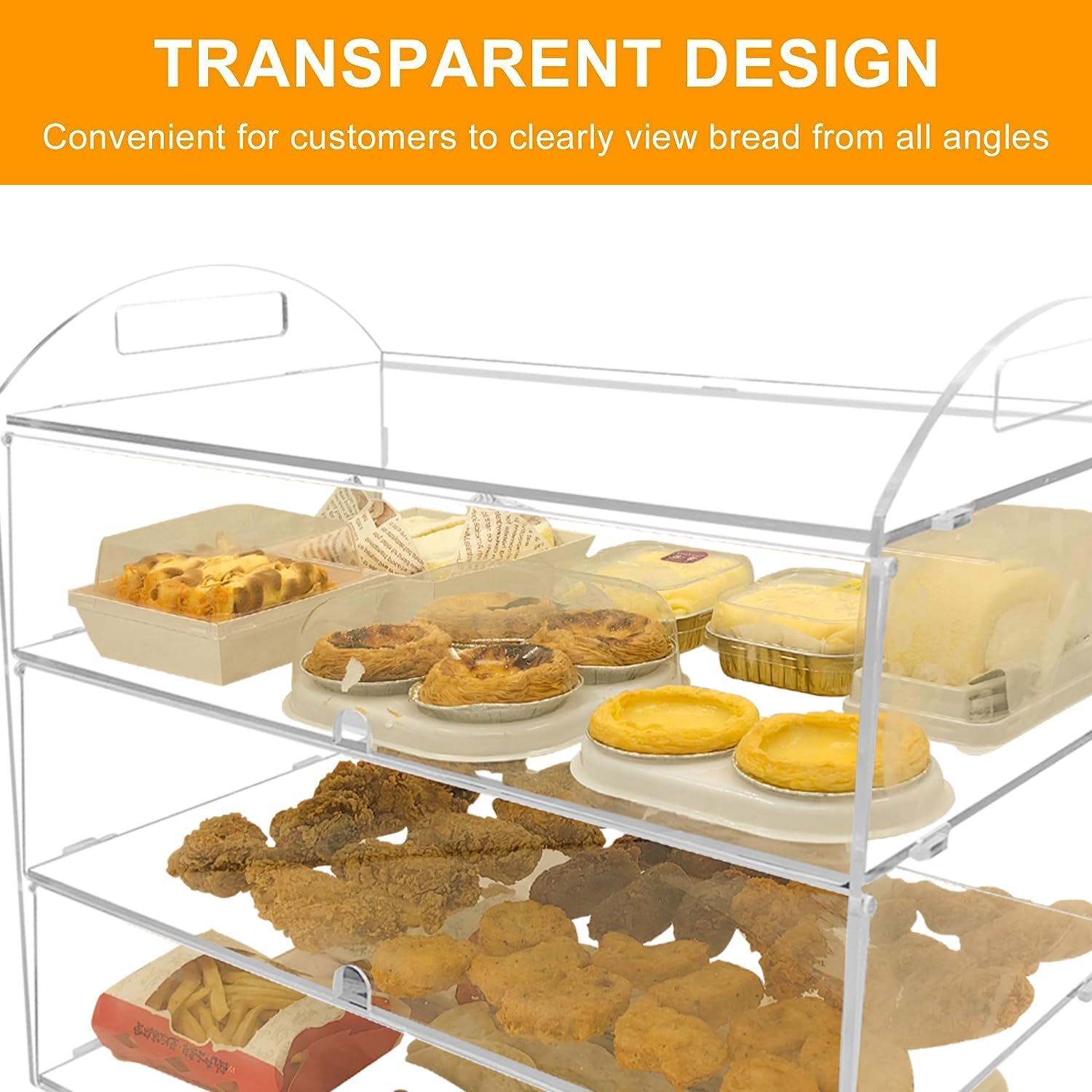 3 Tiers Clear Counter Top Bakery Display Case Pastry Display Cabinet 21.49"X21.92"X11.81" Party Desserts Rack Cake Bread Stand, Food Level PC Panels + Front Doors + Finger Holes + Handel Design image number 6