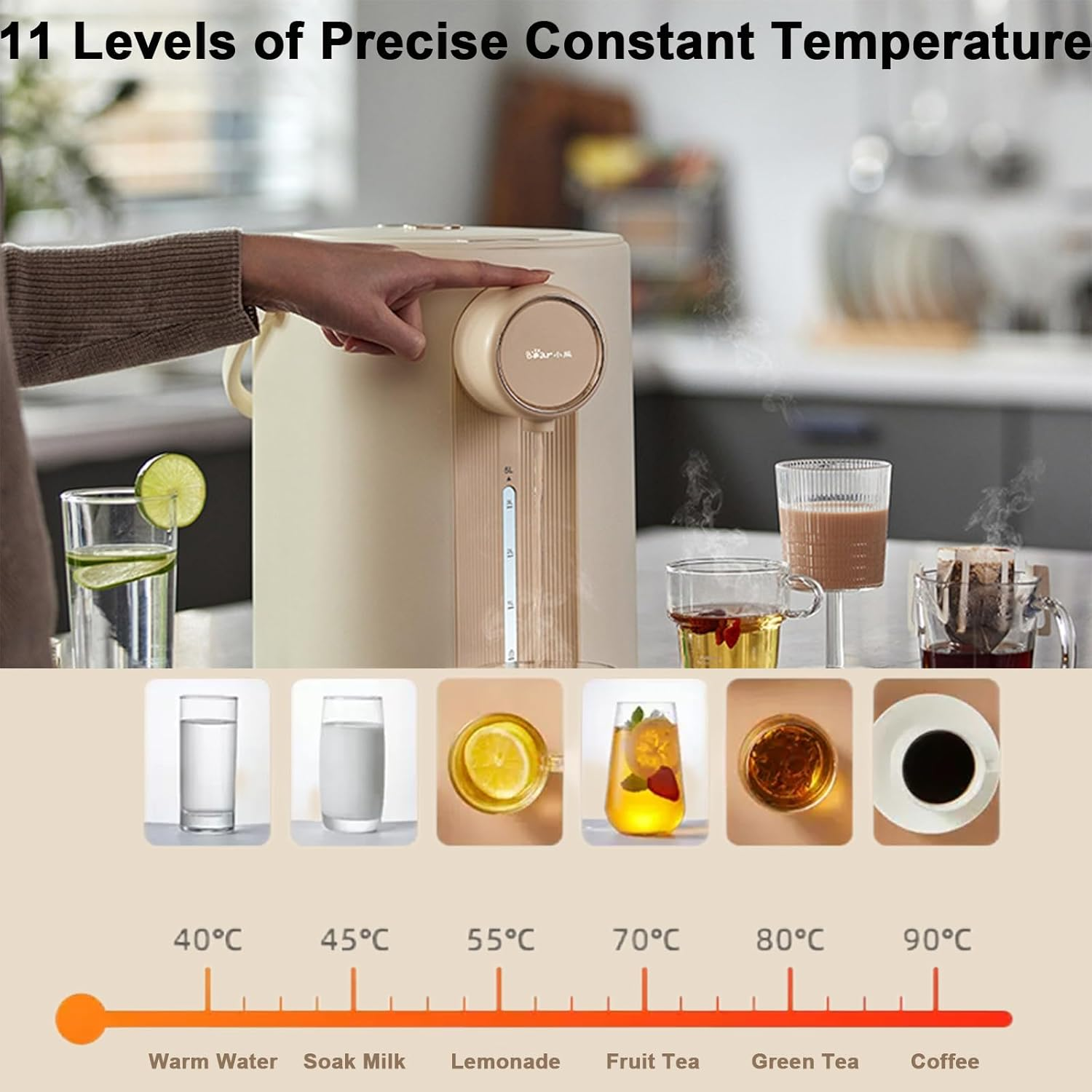 Bear 5L Electric Hot Water Urn Dispenser, 1350W Hot Water Dispenser with Stainless Steel Inner Wall & Lid, Adjustable 11 Temperatures Water Boiler for Tea, Coffee and Baby Formula(With English Manual) image number 1
