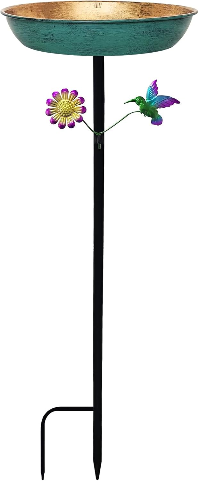 Bird Bath for Outside, 11 Inch Green&Bronze Metal Birdbath Bowl Decorated Hummingbird Flower Freestanding Garden Bird Bath Feeder Outdoor Decor Yard Art