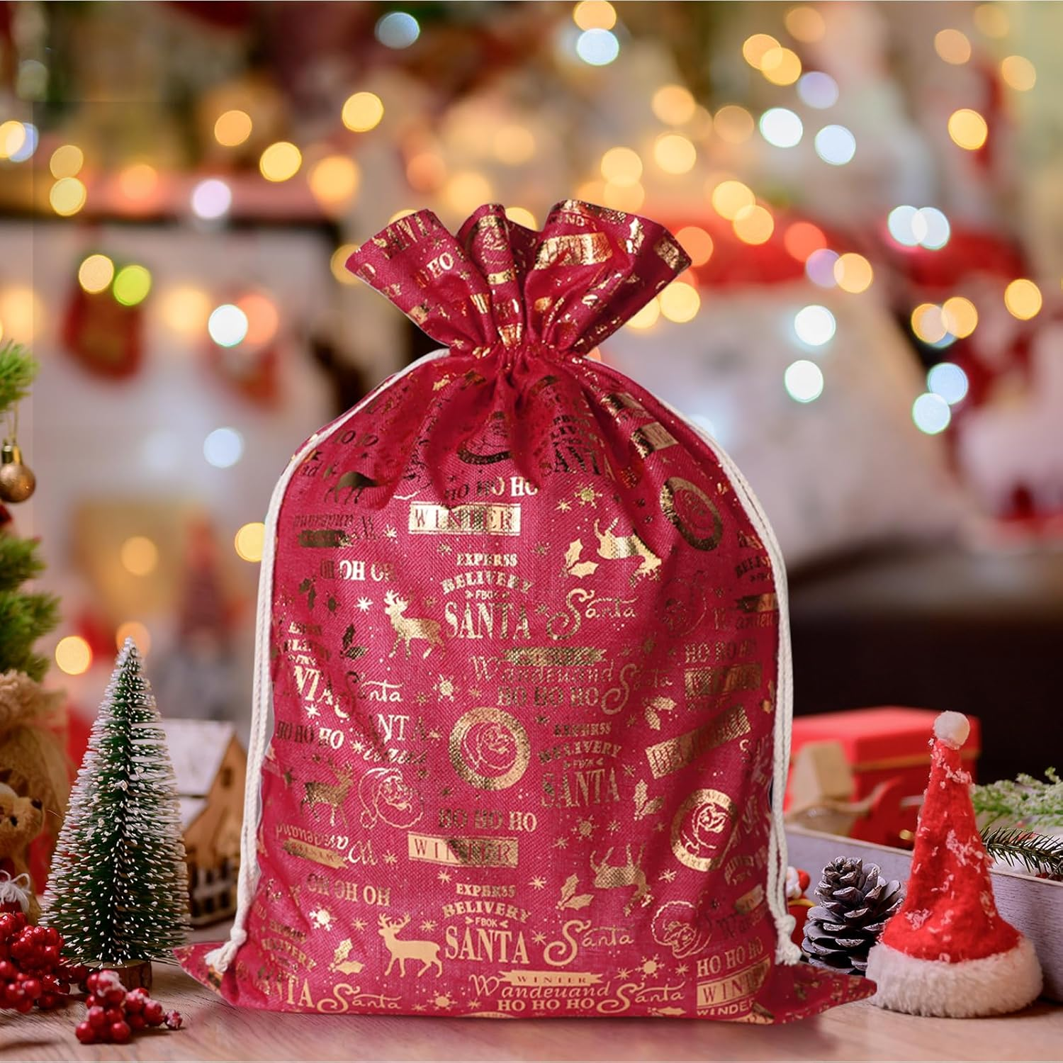 LIAN Santa Sack Christmas Bags Large Burlap Bag Bags with Drawstring Reusable Holiday Supplies Christmas Party Favors (50 * 70CM, Style 1) image number 1