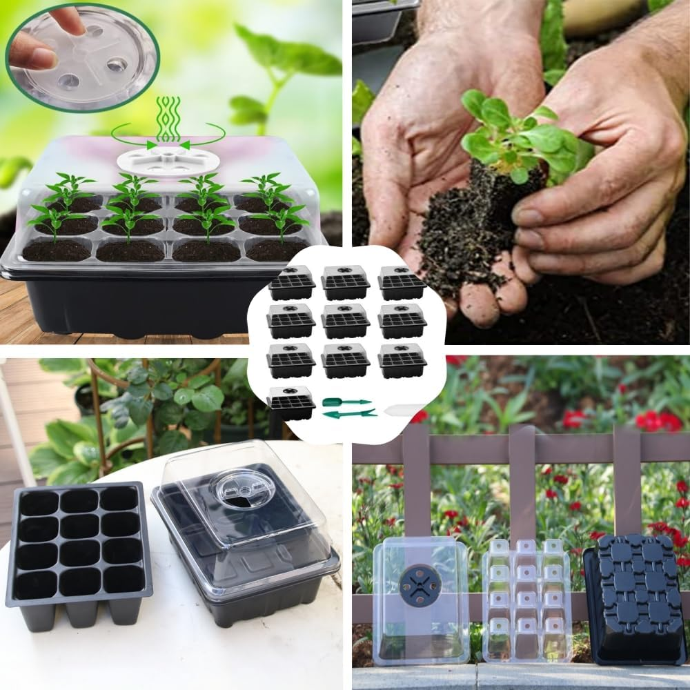 Seedling Starter Tray Kit, 10 Pcs Plant Starter Set, Mini Greenhouse Germination Kit for Seeds Growing, 120 Cells Total (Green) image number 2