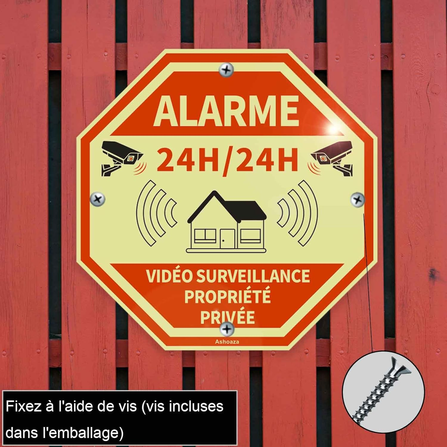 Fr-French Private Property Phosphorescent Aluminium 3 Security Alarms with CCTV Self Adhesive Video Surveillance Signs for Home Alarms Octagonal 15 X 15 Cm image number 1