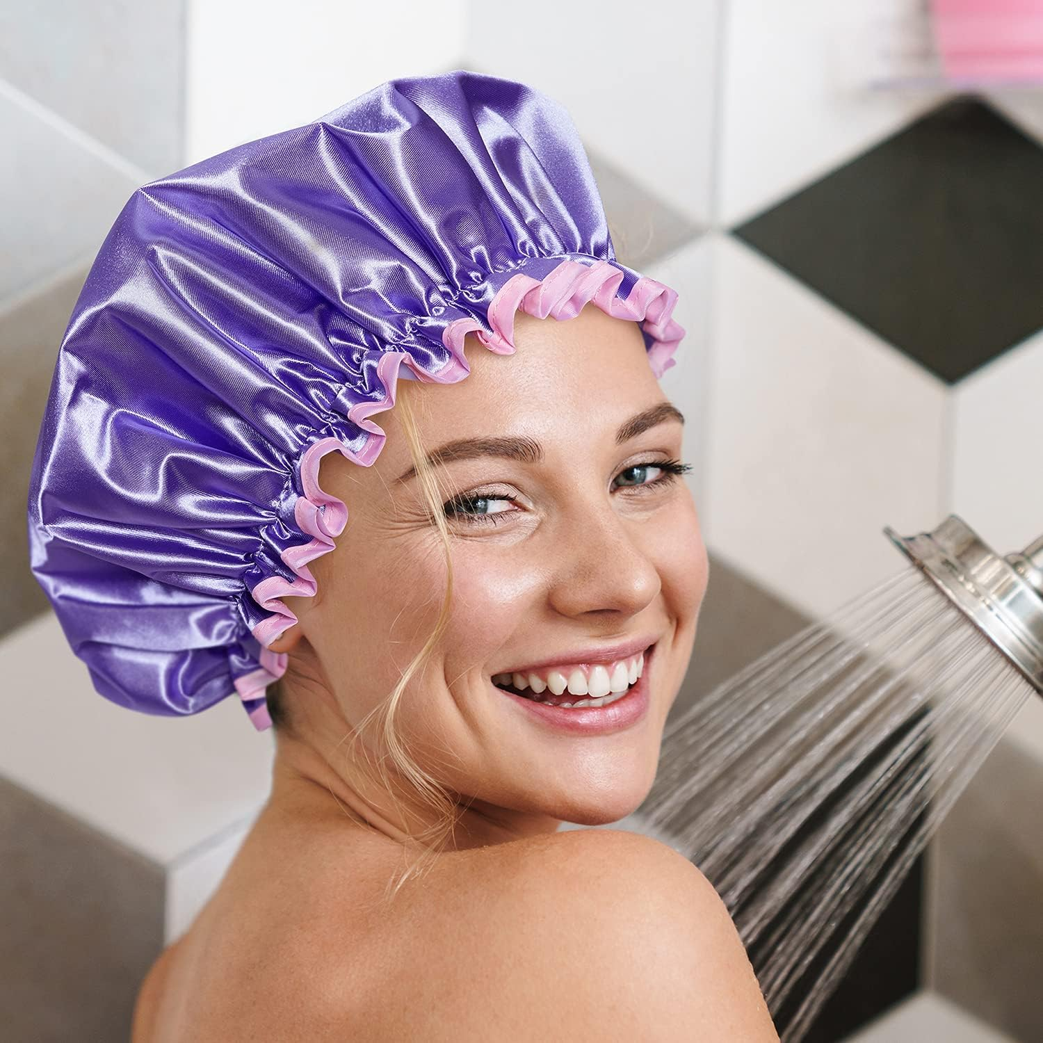 Bodylife Shower Cap Reusable Bath Cap Dual Layered Waterproof Purple & Pink 27Cm