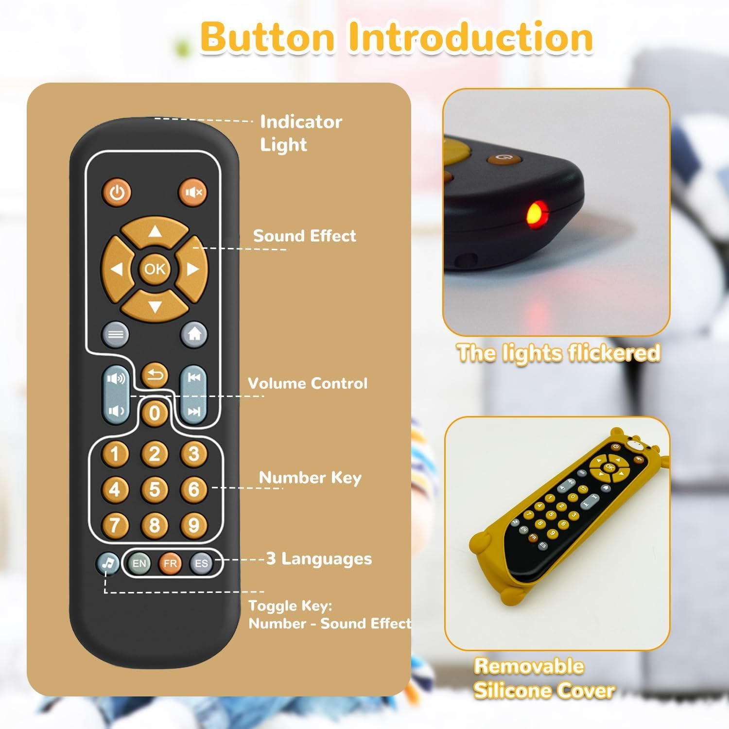 Baby TV Remote Control Toy with Cute Giraffe Soft Silicone Cover Toy, Realistic Baby Musical Remote Control Toy with Light ＆ Sound, Educational Toys with 3 Language for 6M+Toddlers image number 6