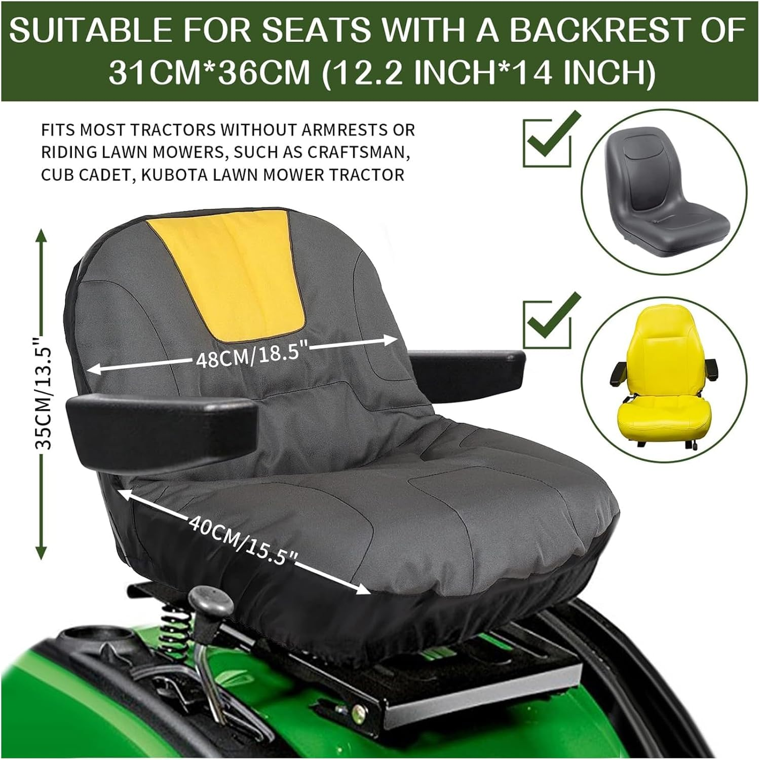 Riding Lawn Mower Seat Cover, Heavy Duty Polyester Oxford Tractor Seat Cover with Padded Cushion Surface, Compatible with Craftsman,Cub Cadet,Kubota Lawn Mower Tractor (M-Armrests) image number 3