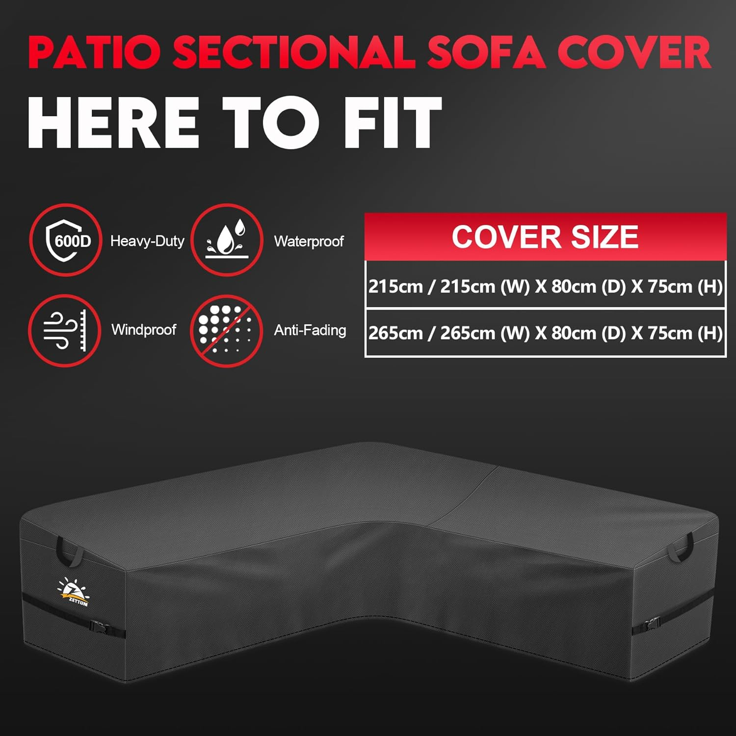 Zettum V-Shape Outdoor Furniture Covers Waterproof, 600D PU Heavy Duty Fabric Large Garden Sofa Covers with Waterproof Buckles for Rattan Furniture Covers V Shaped Sofa Cover (265X265X80Cm)