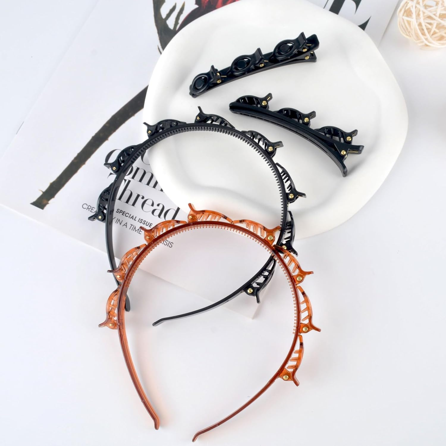 SSKHE 2 Layered Teeth Combs Hair Bands Headbands Headbands Non-Slip Fringe with Clips Versatile Accessories to Solve Your Style image number 6