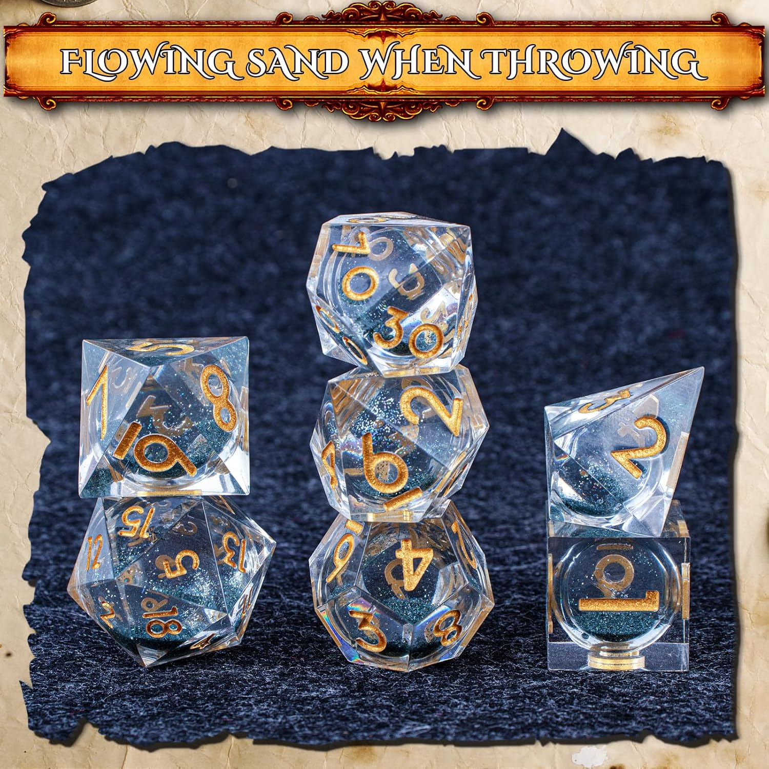 7 PCS Flowing Sand Dice Set with Eye of Dragon - DND Polyhedral Dice Contains D20, Accessories Starter Set from Zero to Master - Gift image number 1