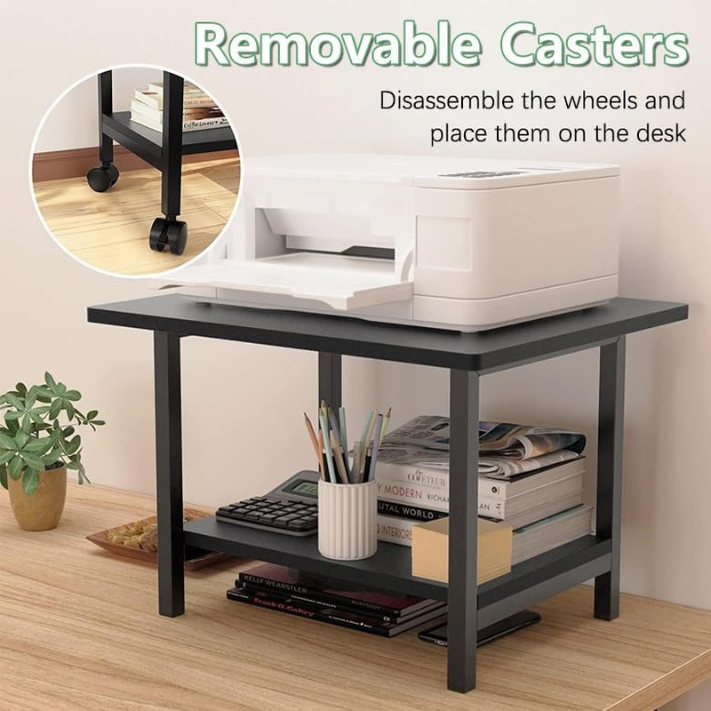 Printer Stand, Desktop Printer Stand with Storage Shelves, Mobile Printer Cart with 4 Wheels, under Desk Printer Table for Printer, Scanner, Fax, 18.9" X 15.7" X 14.6", Black image number 2