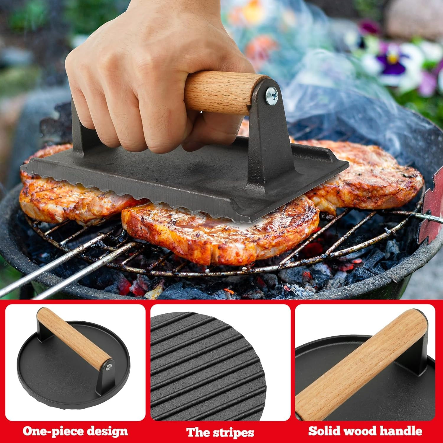 Premium Cast Iron Burger Press, Heavy Duty Hamburger Press W/Heat Resistant Handle, Perfect Burger Press, Meat Press, Bacon Press, for Griddle, Meat Press, BBQ Grilling Accessories image number 6