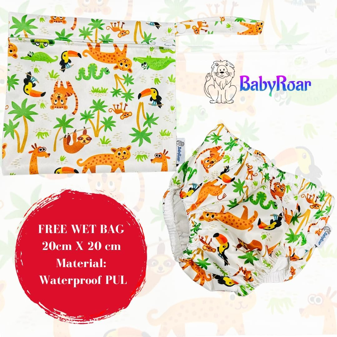 Side Snap Reusable Swim Nappy with FREE Waterproof Wet Bag &ndash; Adjustable, Leak-Proof & Swim School Approved | Eco-Friendly for Babies & Toddlers! (Jungle Splash, XL, 1.0, Count)