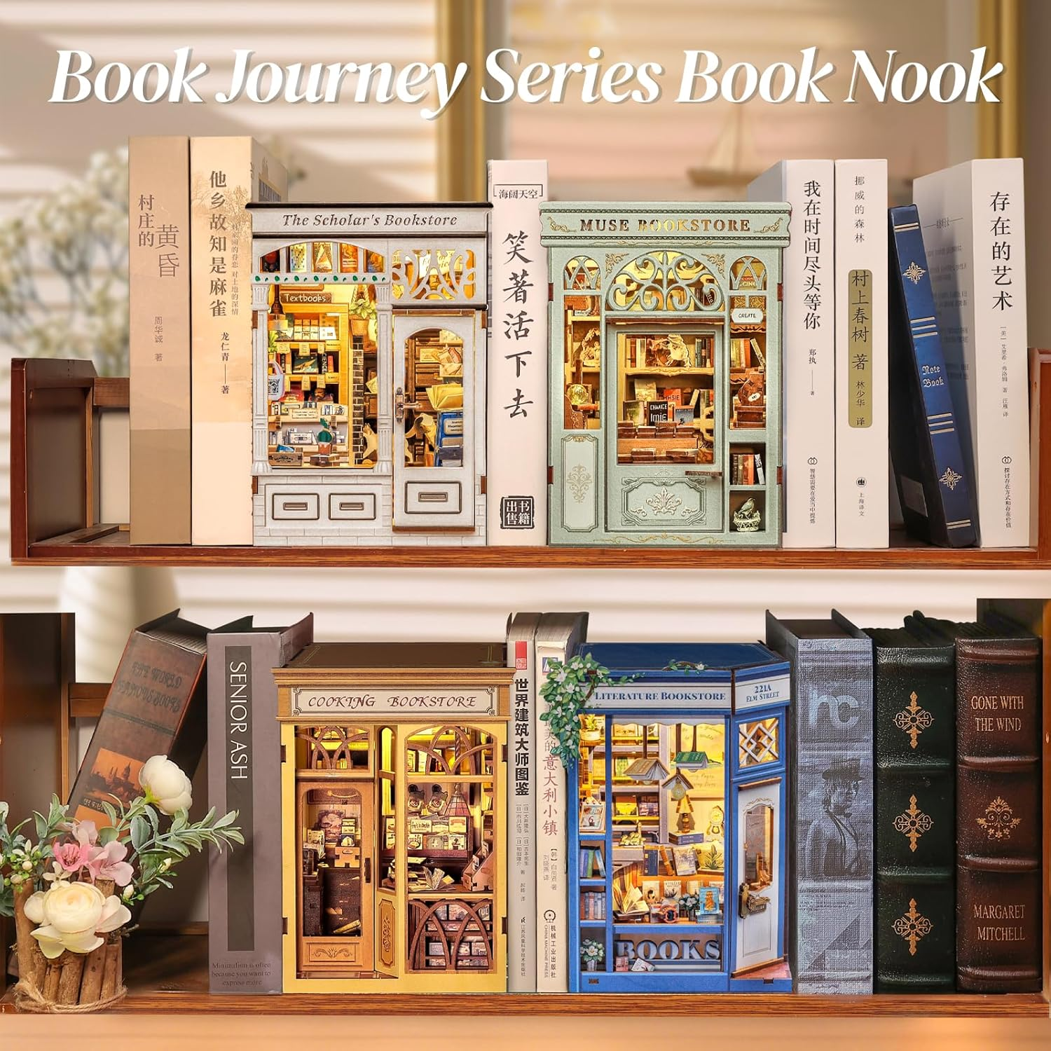 CUTEBEE Book Nook Kit - DIY Miniature Dollhouse Kit for Adults and Teens, Tiny House Bookshelf Decor 3D Wooden Puzzle for Family, Friends (Muse Bookstore) image number 2