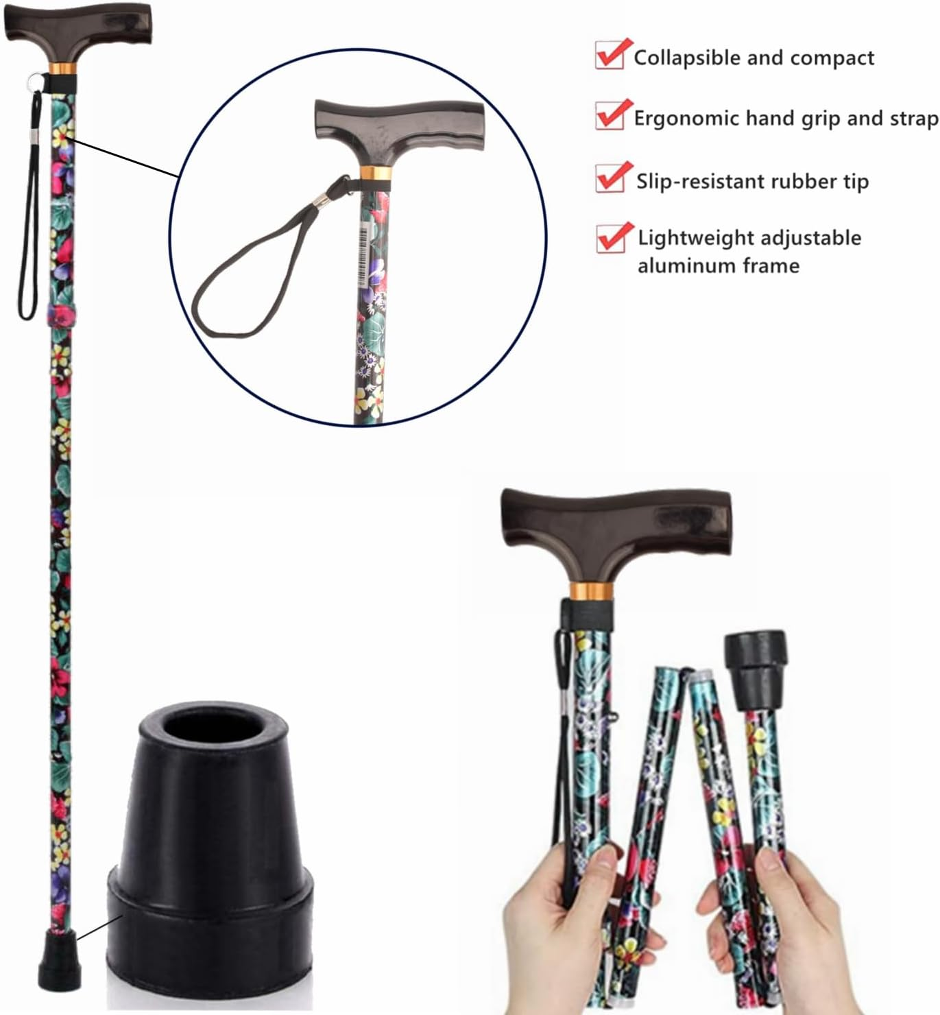 Foldable Walking Cane, 5 Level Height Adjustable with Smooth Wood Handle, Portable Collapsible Cane for Seniors, Black image number 4