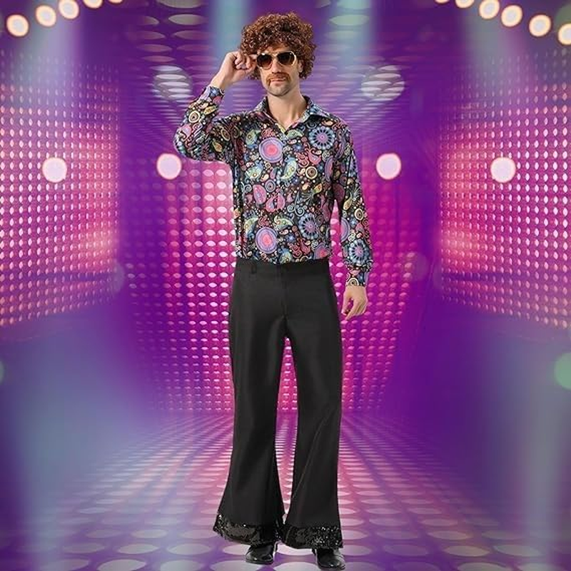 Slowton Men'S 70S Disco Costume - 1970S Vintage Floral Shirt & Flared Trousers Two Piece for Disco Party, Stage Performance Costume Set, Disco Accessories for Halloween Party, Hippies Outfits for Men image number 3