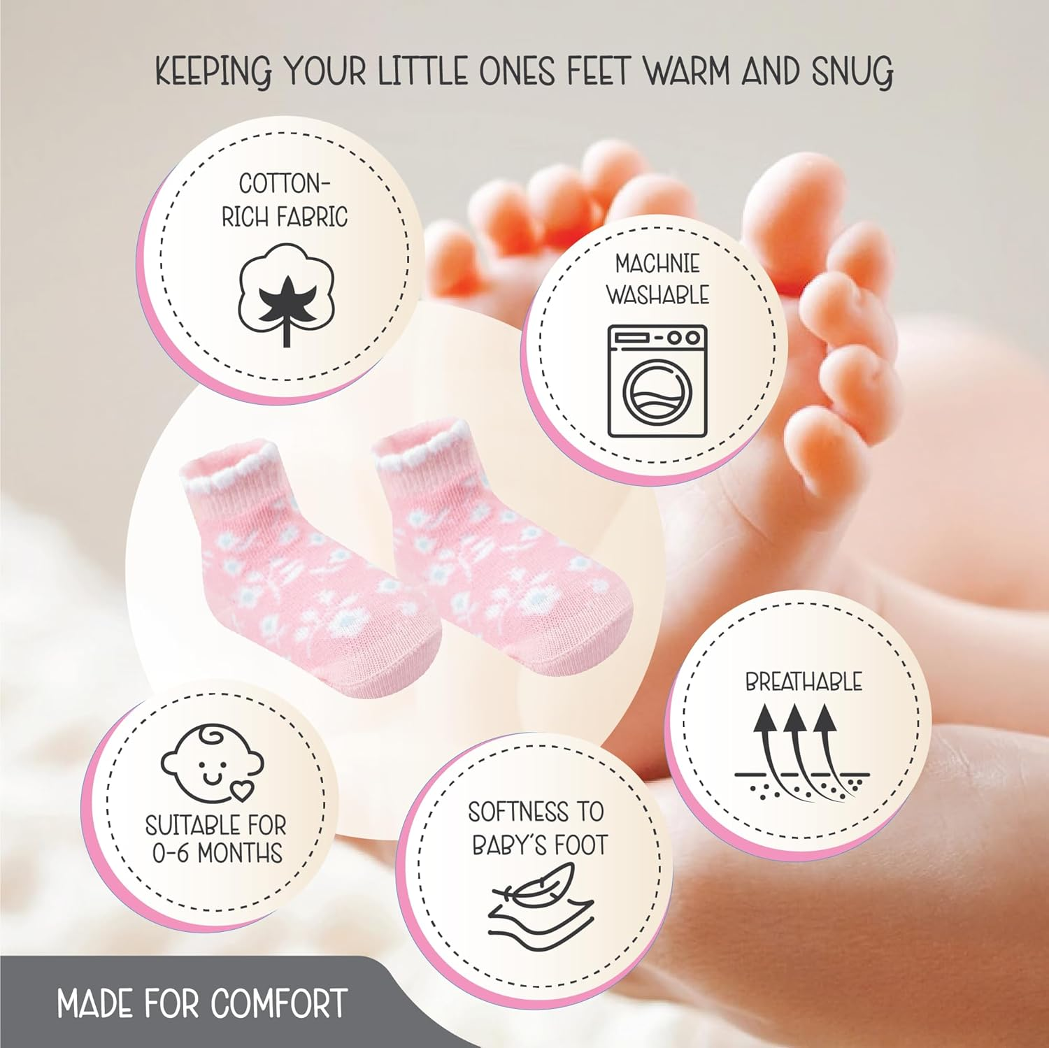 Baby Socks With/Gripper | Safe Walking Non-Slip Sole | Stay-In-Place Ribbed Cuffs Unisex image number 3
