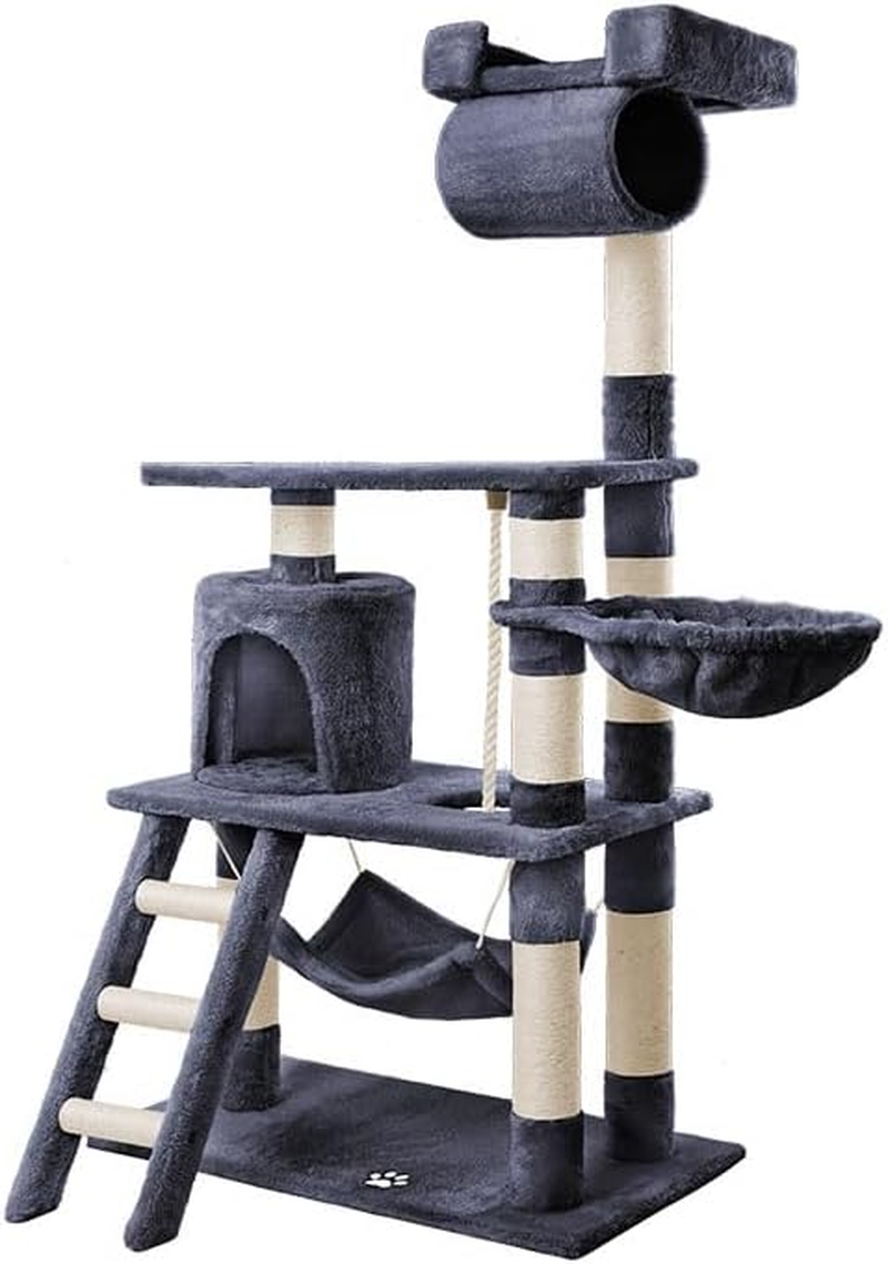 BEASTIE Cat Tree 141Cm Tall, Multi-Level Wood Scratching Post Tower with Scratcher Pole Condo House for Furniture Protecting, Black Colour
