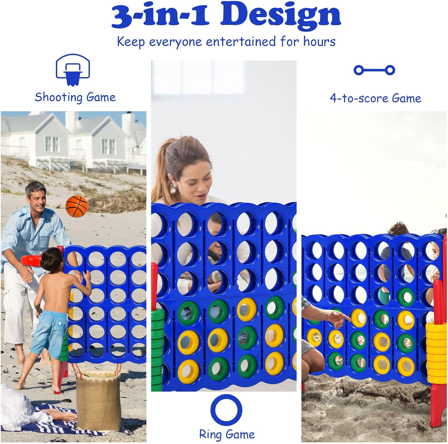 Costway Giant 4-In-A Row, Jumbo 4-To-Score Giant Game Set for Kids & Adults, Indoor Outdoor Family Connect Game W/Basketball Hoop, Ring Game, 42 Jumbo Rings, Quick-Release Slider (Red) image number 6