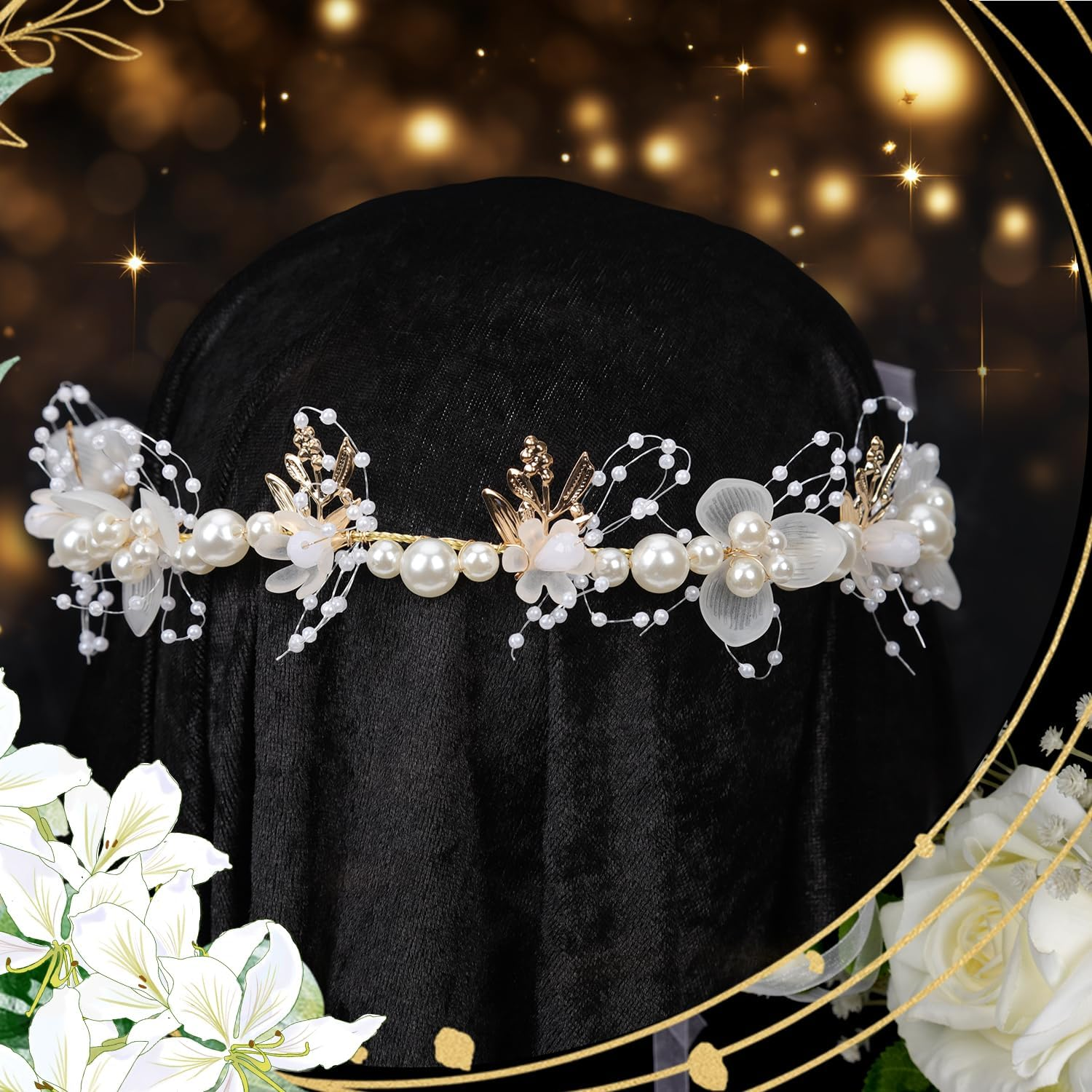 NQEUEPN Flower Girl Hair Accessories, 13.7 X 1.96 Inch Tiara Wedding White Children'S Hair Accessories Adjustable Girl Flower Headband with Pearls Flower Women'S Headband (Gold)