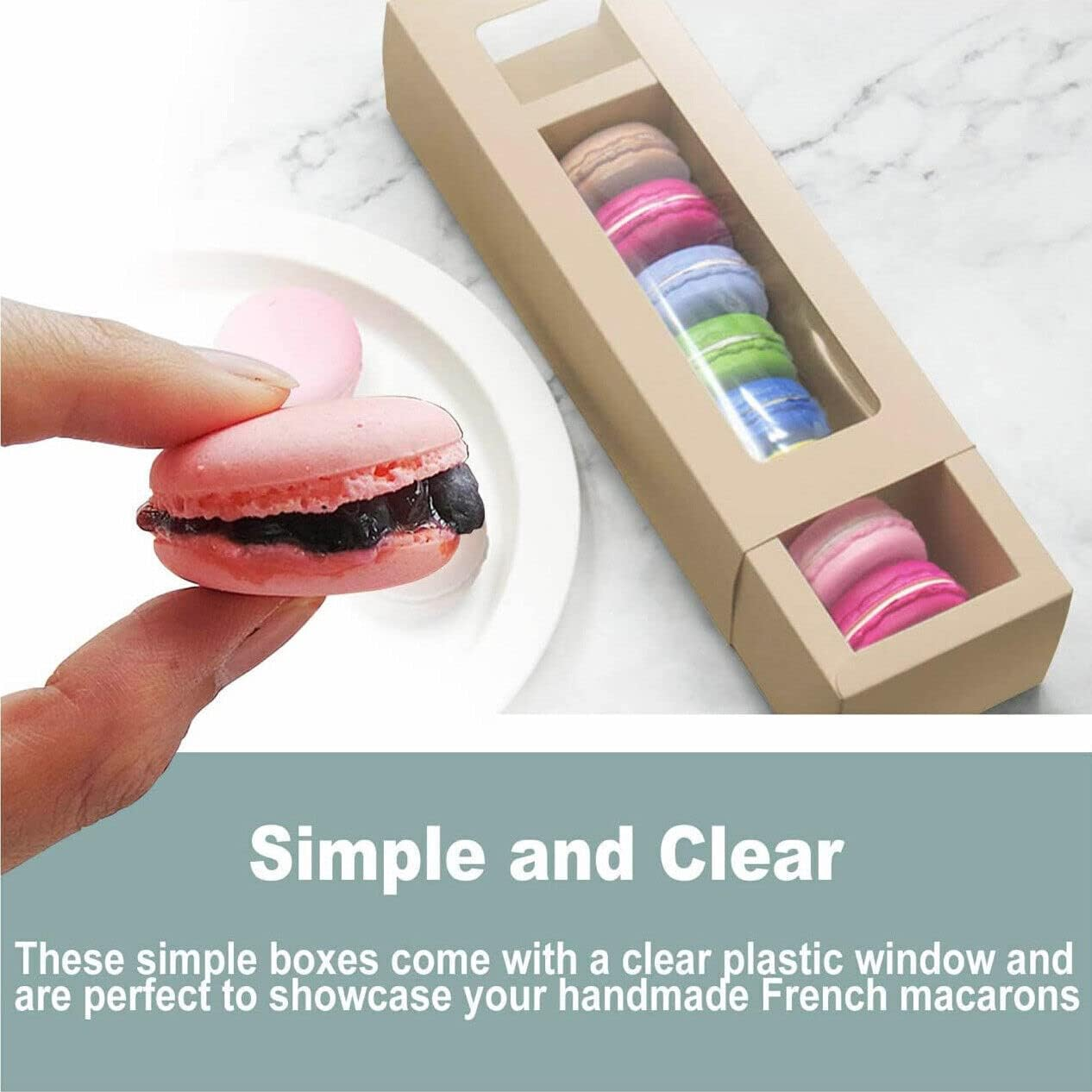 AIMALL 25PCS White/Kraft Macaron Boxes, 8/16 Hold Rectangular Favour Bomboniere Cookie Packaging, 8.07X2.76X1.97In & 8.19X4.92X1.97In, Easy Assemble, Durable, Flat Pack, No Glue - Kraft 8 Hold image number 5