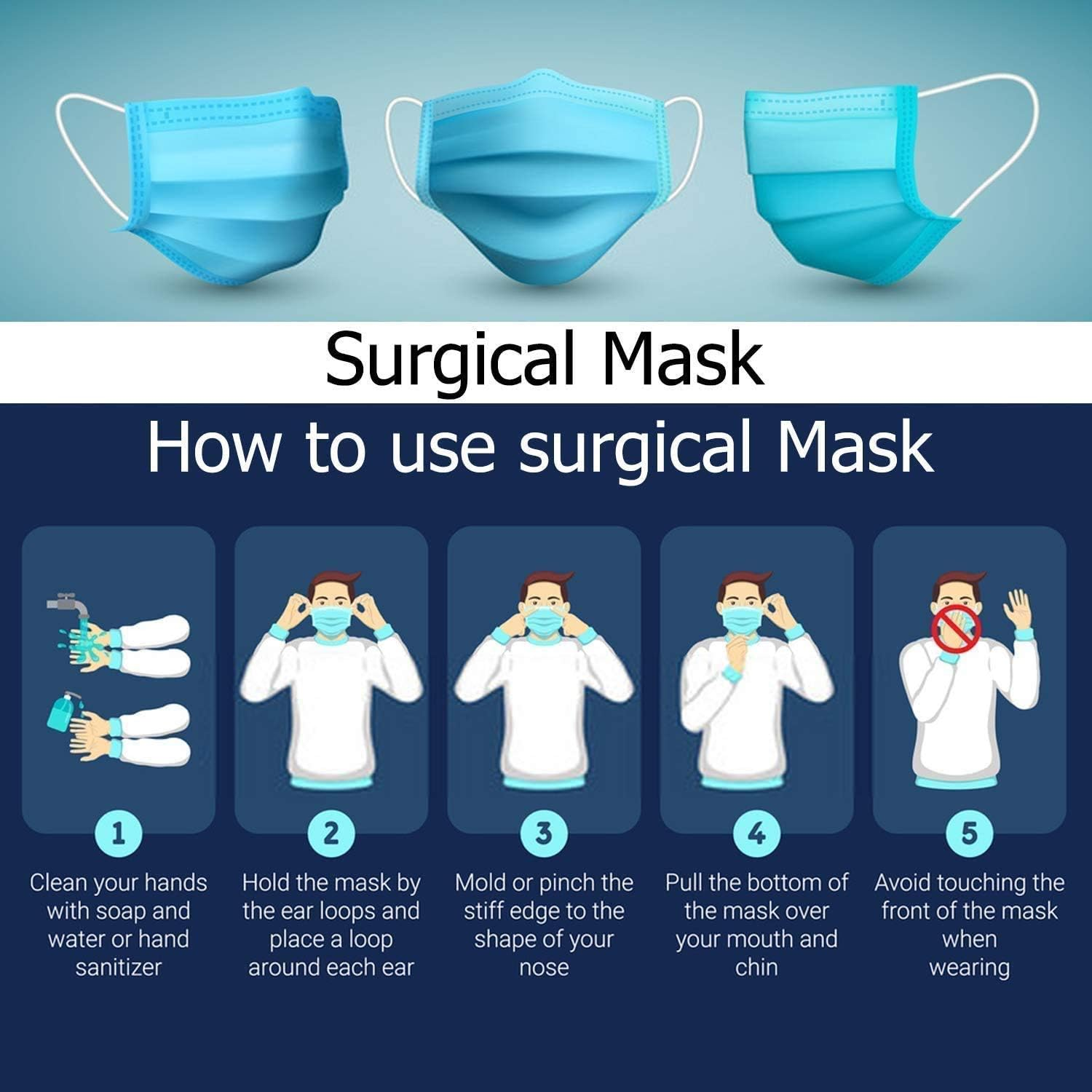 50Pcs 3-Ply Disposable Face Mask Can Be Used in Offices, Households Sensitive to Pets, and Crowded Places, with Elastic Earloop Random Color (Blue White) image number 4