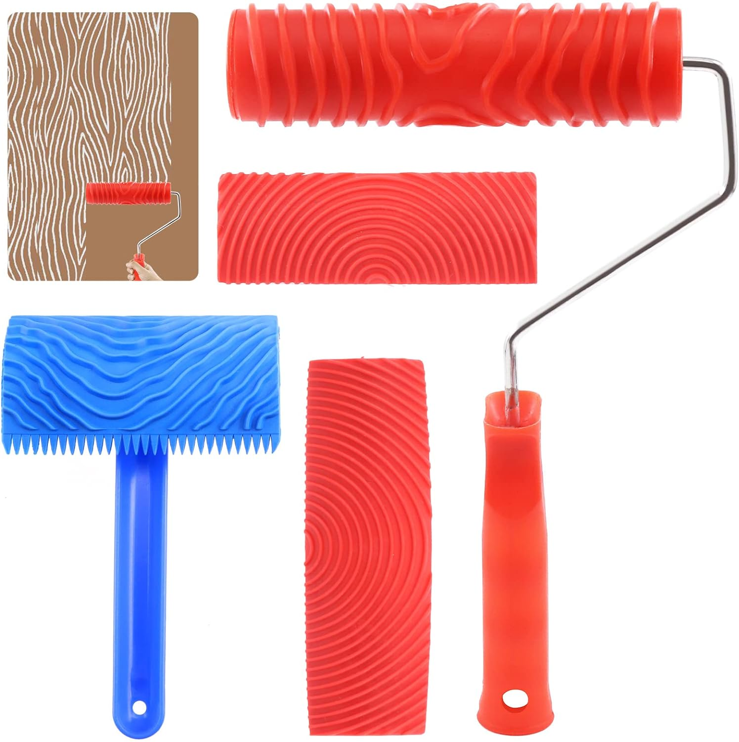 Wood Graining Painting Tool Set MS16 MS21 Rubber Empaistic Grain Pattern Roller Painter with Handle, Art Wallpaper Imitation Wood Texture Graining Tool for DIY Wall Room Decoration
