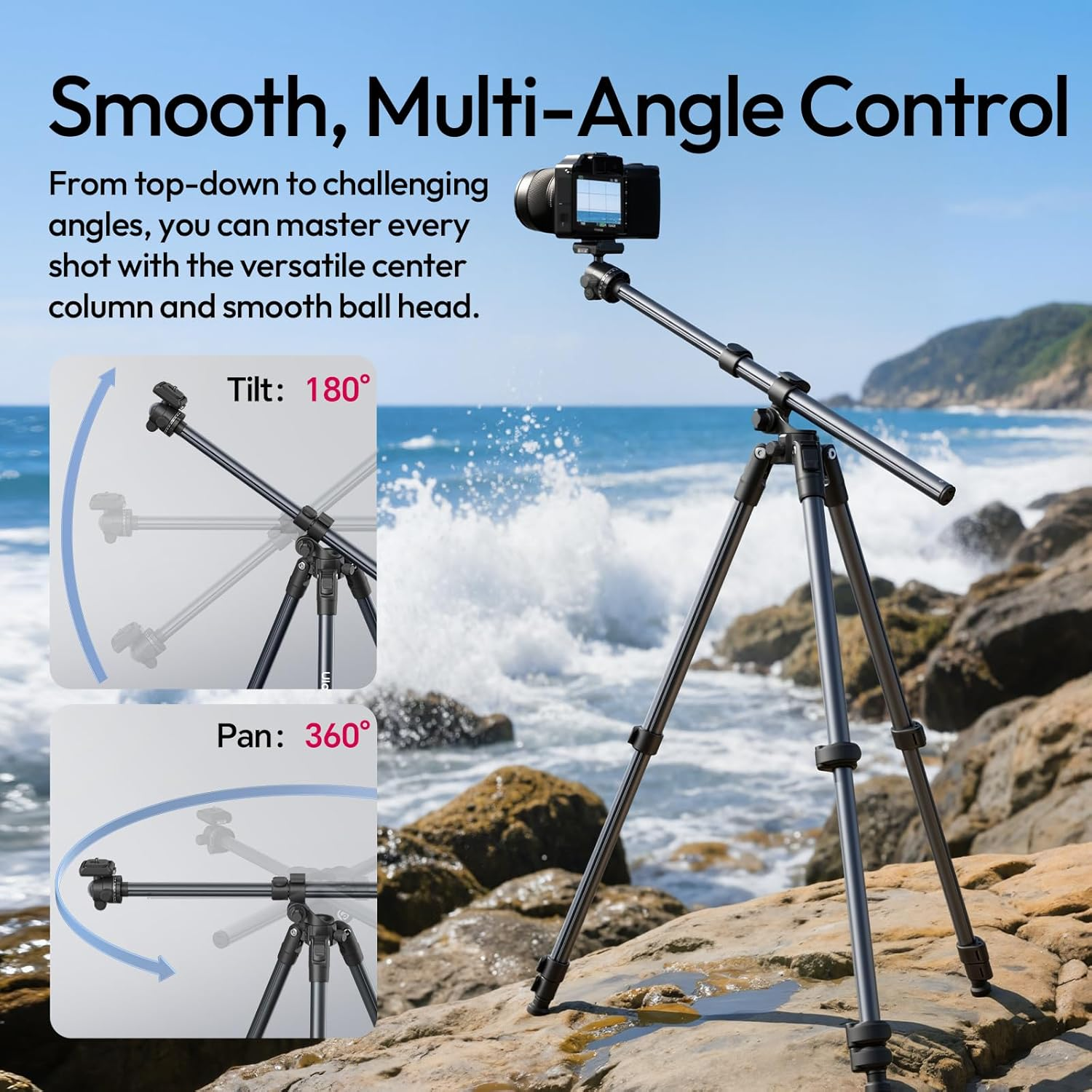 ULANZI TT59 Horizontal Overhead Camera Tripod, 175CM/68.9" Foldable Travel Tripod, Professional Photography Tripod Stand with Uka Quick Release Ball Head for Mirrorless Camera/Dslr/Camcorder image number 2