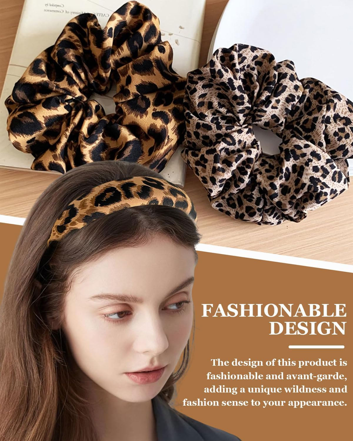 JUKOTA 2 X Hair Bands for Women Leopard Print Scrunchies Strong Hold Hair Bobbles Extra Large Scrunchie for Thick Hair, Leopard Print, Scrunchies, with 1 Leopard Headband, Hair Band image number 3