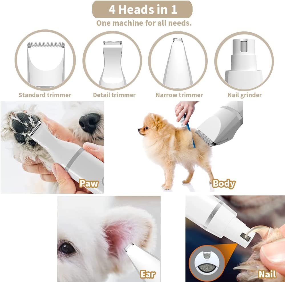 Electric Pet Hair Clipper Trimmer Grooming Kits with 4 Heads, Rechargeable Shaver, Nail Grinder for Dog Cat Paws, Eyes, Ears, Face