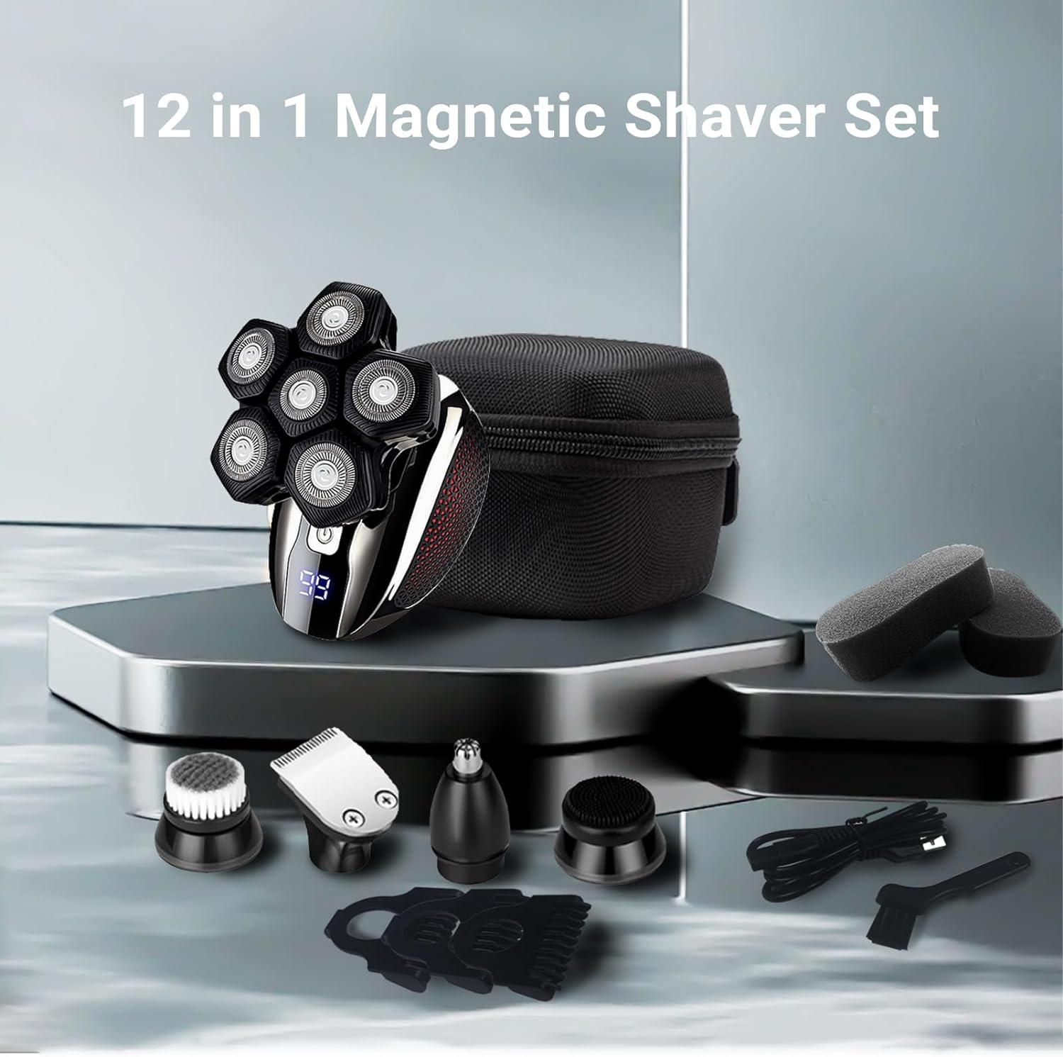 USOR Head Shavers for Bald Men, 5 in 1 Head Shaver 6D Rotary Razor Wet/Dry Led Display Rechargeable 100% Waterproof Shaver Grooming Kit with Clippers, Nose Trimmer, Brush, Massager for Travel image number 5