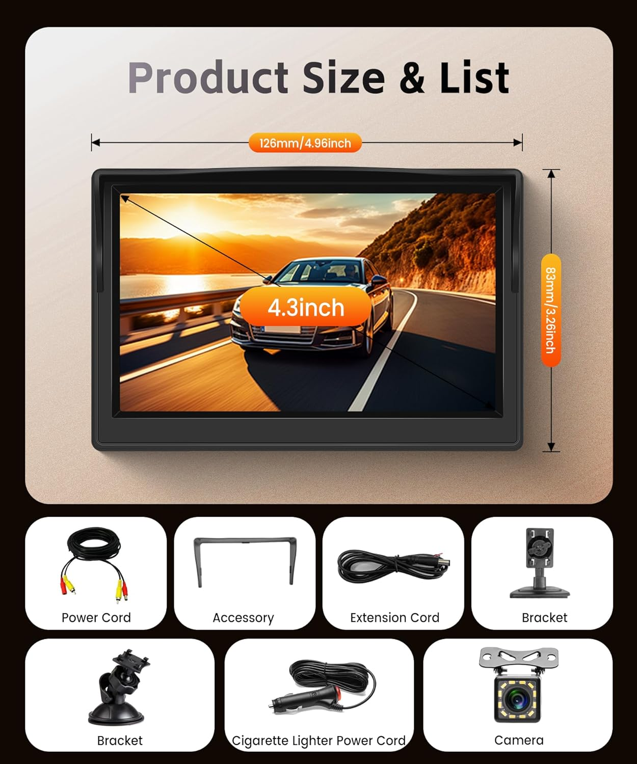 Reversing Camera with 4.3 Inch HD Monitor and Camera, IP68 Waterproof, Colour Night Vision, Reversing Camera with 3.5 M Cigarette Lighter