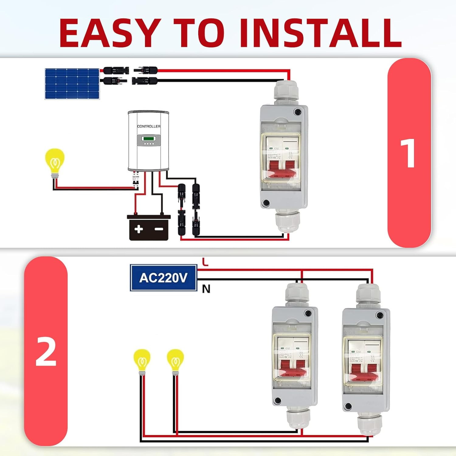 Solar Panel Disconnect Switch, 2 Pole Waterproof Solar Circuit Breaker DC500V 32A PV Disconnect Switch for Solar PV Homes Battery image number 3