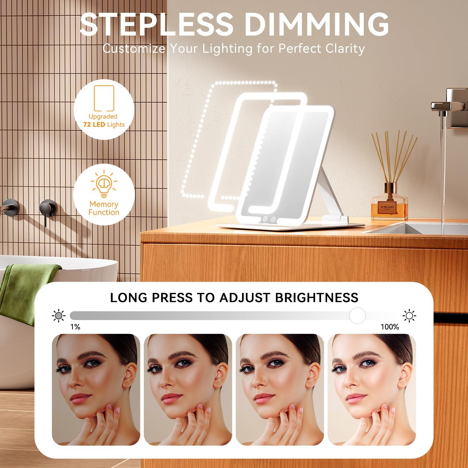 Auxmir Foldable Makeup Mirror with 3 Dimmable Color Lights, USB Rechargeable Lighted Vanity Mirror with Touch Screen, Compact & Portable Ultrathin Desk Beauty Mirror for Travel Daily Business